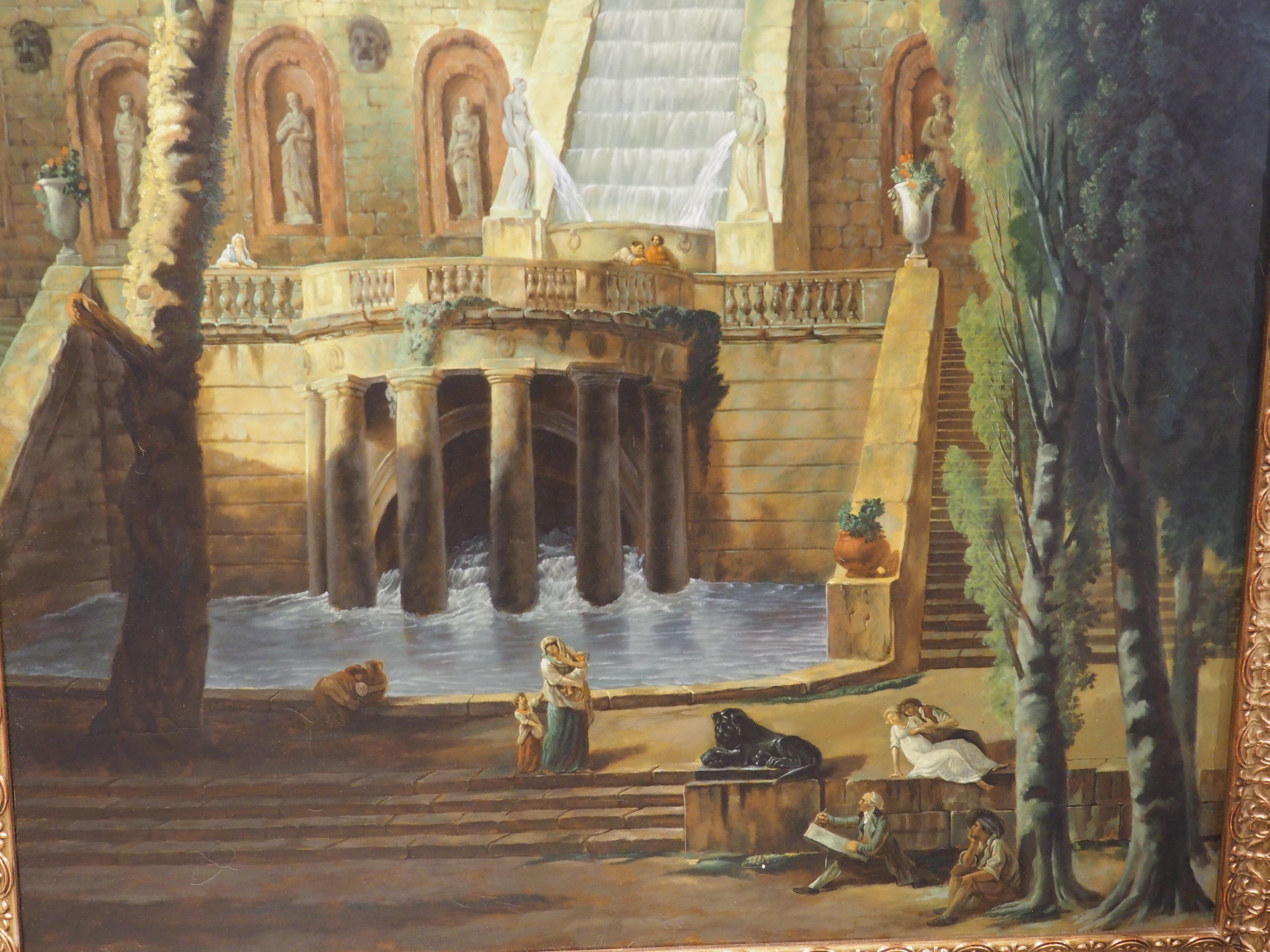 Pareja de cuadros grandes y decorativos de paisajes según Hubert Robert, Finales del siglo XX en Bueno estado para la venta en Dallas, TX