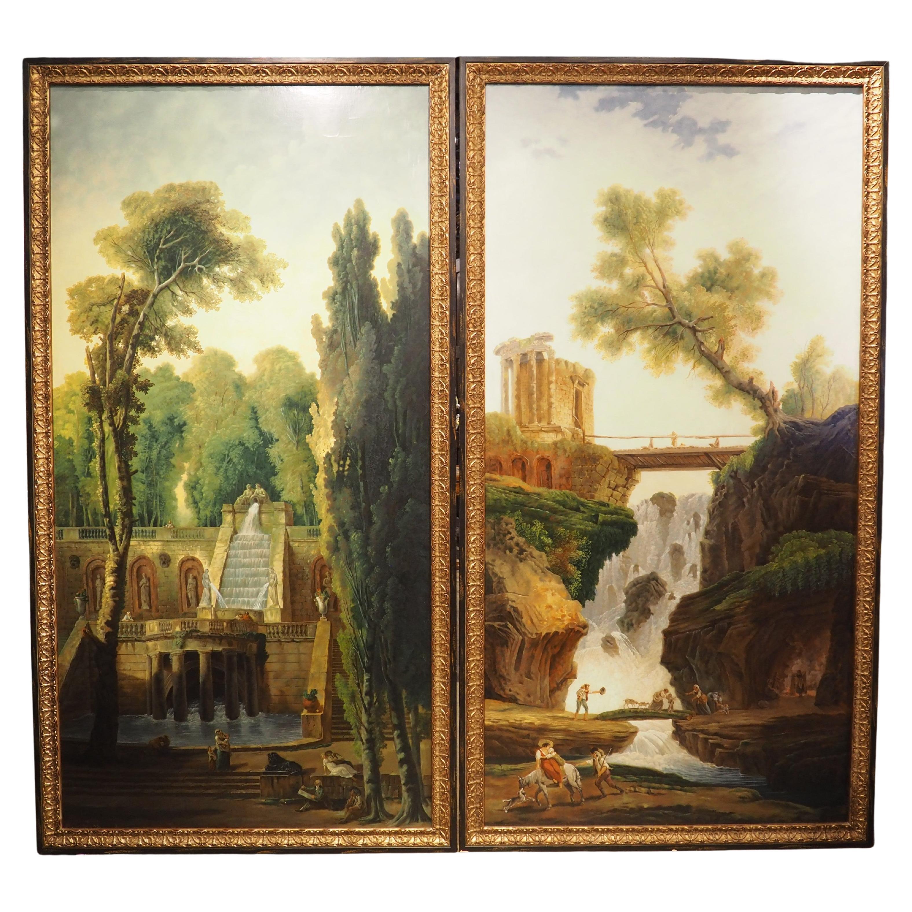 Paar große und dekorative Landschaftsgemälde nach Hubert Robert, Ende 20.