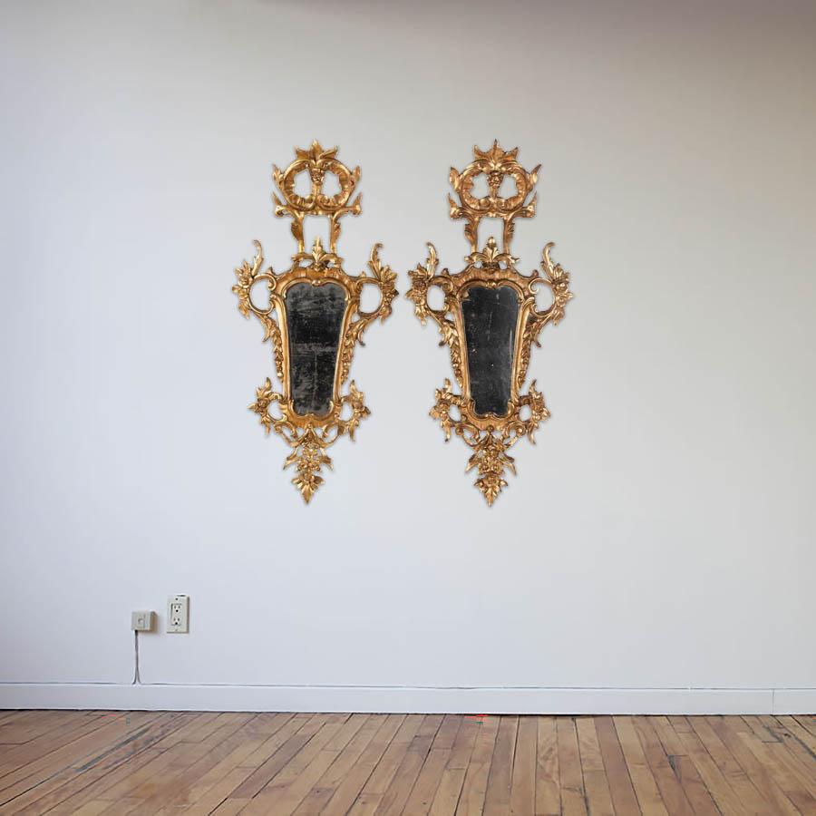 Glass Pair of large and elaborate European Antique Giltwood Cornucopia Mirrors