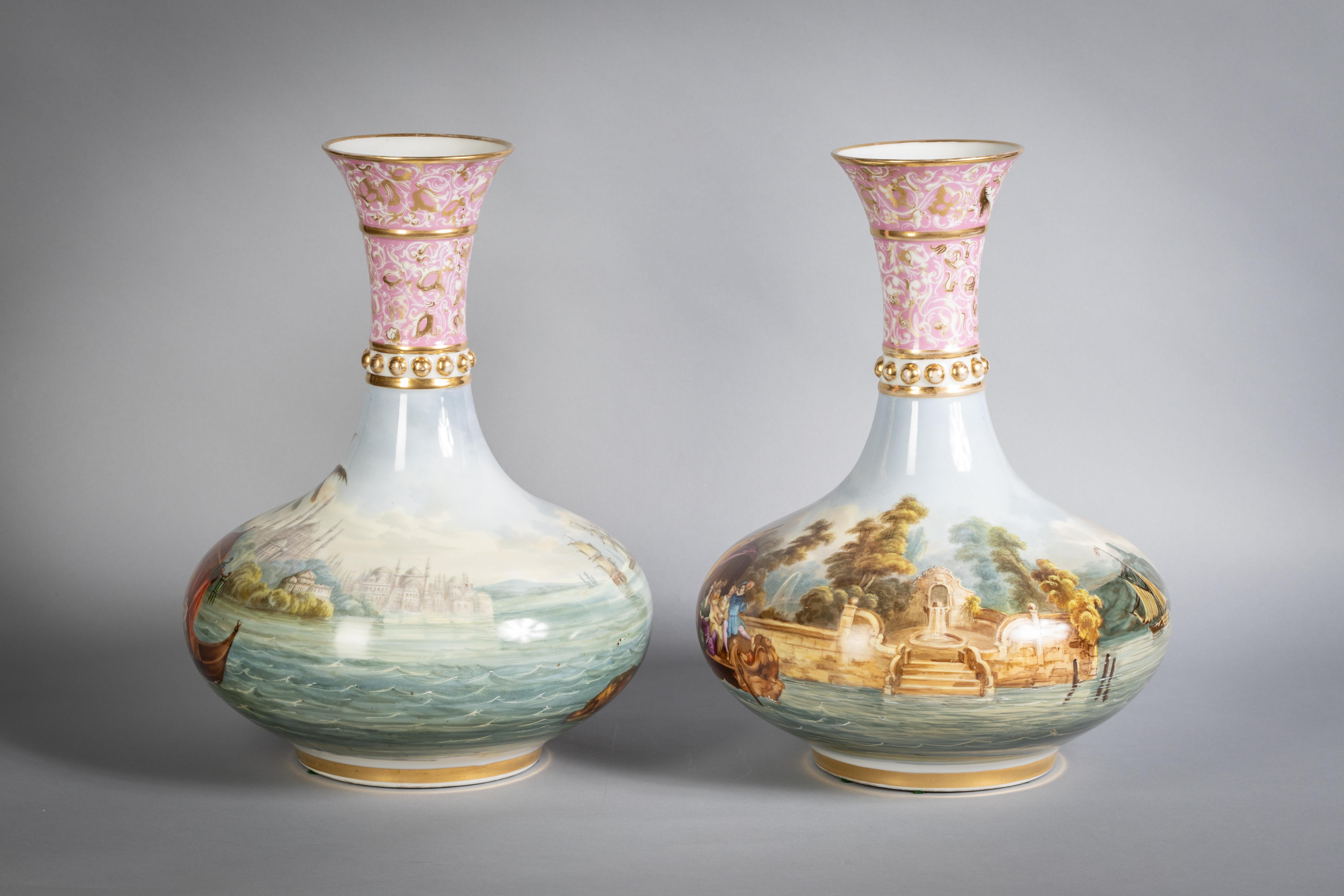 Pair of large and exotic Paris porcelain vases, circa 1840. With exotic figures in riverscapes.