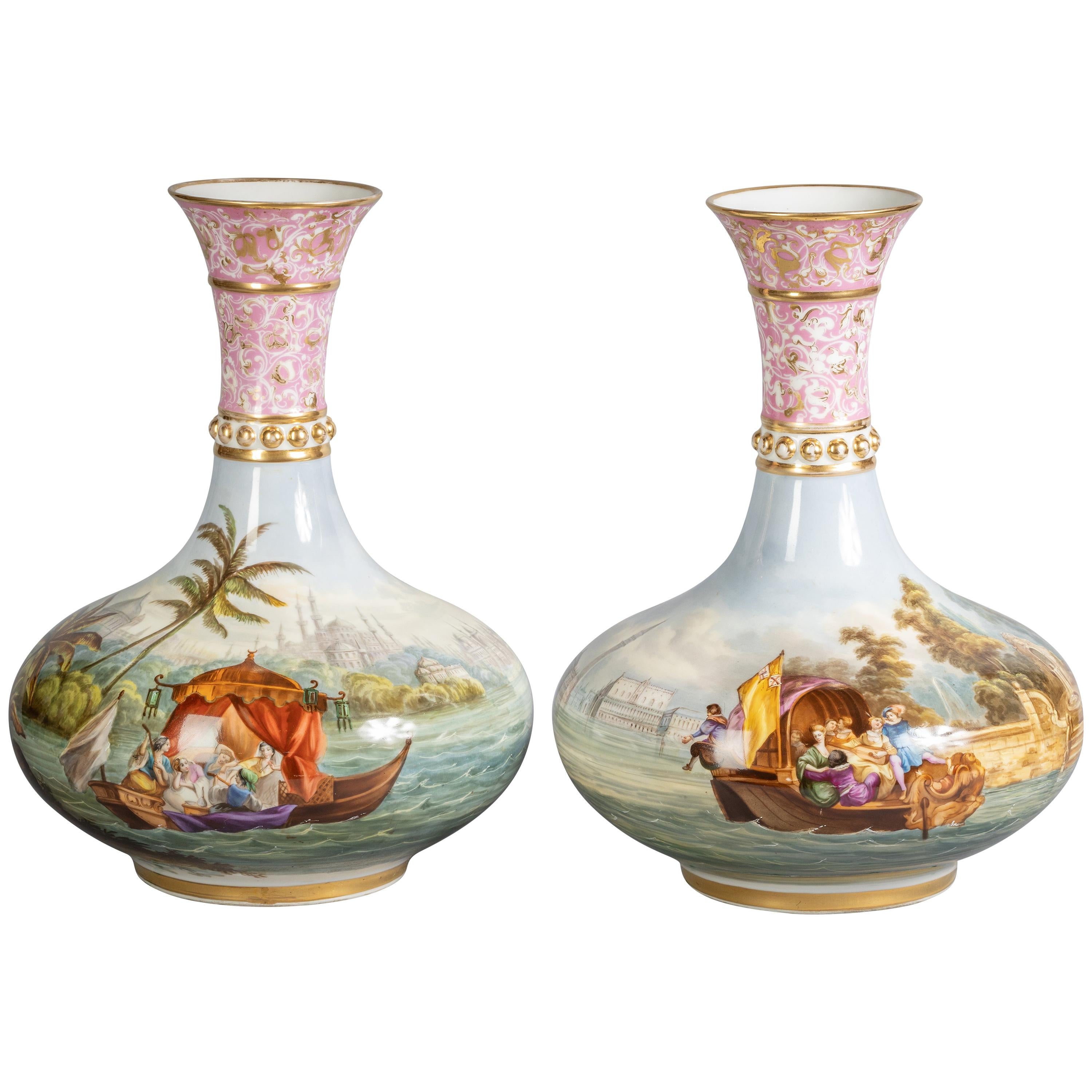 Pair of Large and Exotic Paris Porcelain Vases, circa 1840 For Sale