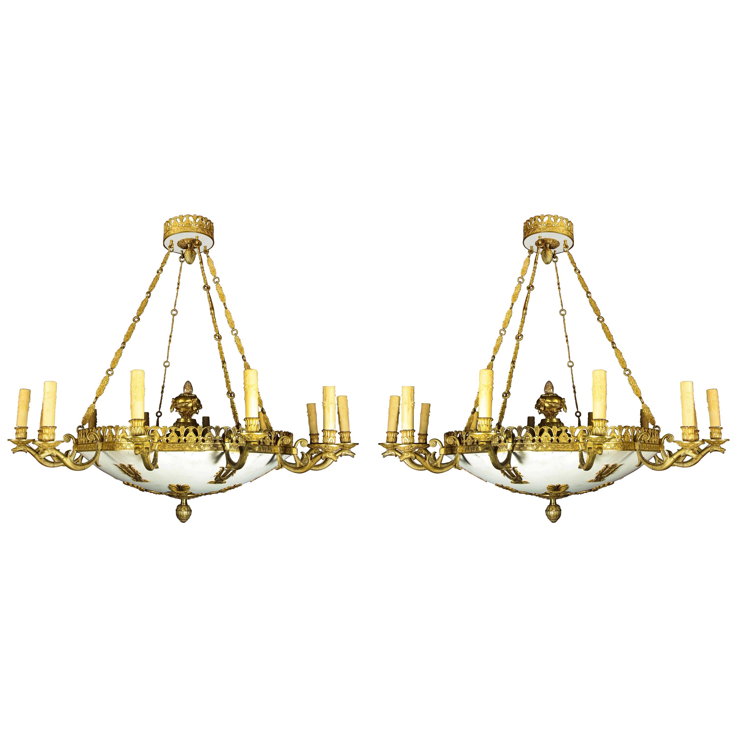 Pair of Large and Important Antique French Empire Gilt Bronze Chandeliers For Sale