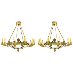 Pair of Large and Important Antique French Empire Gilt Bronze Chandeliers