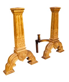 Pair Of Large And Impressive Arts and Crafts Gilt Bronze Andirons