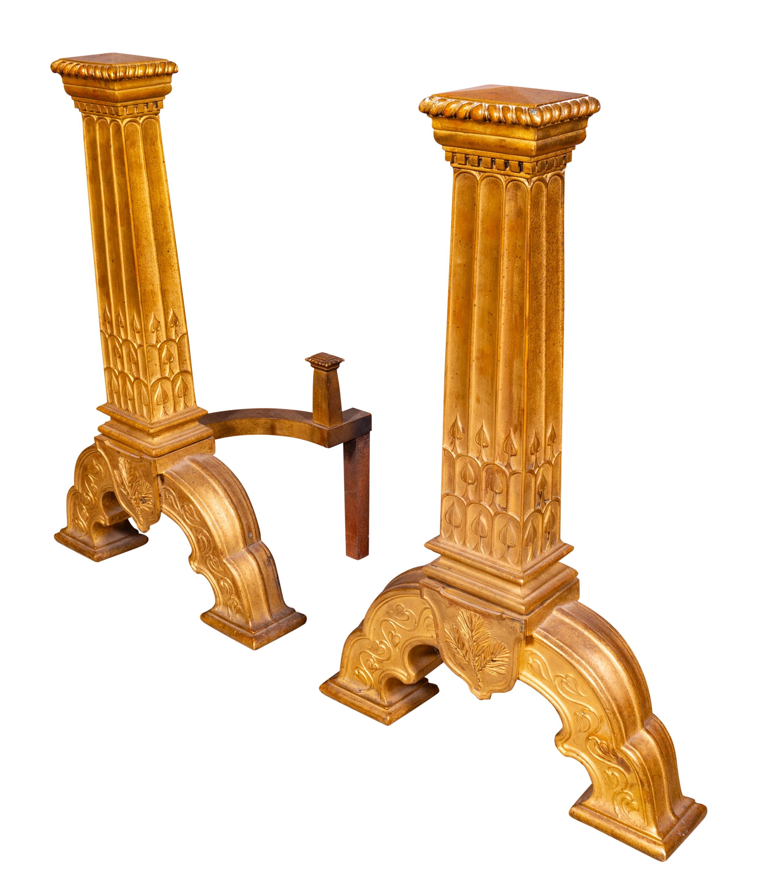 Late 19th Century Pair Of Large And Impressive Arts and Crafts Gilt Bronze Andirons For Sale