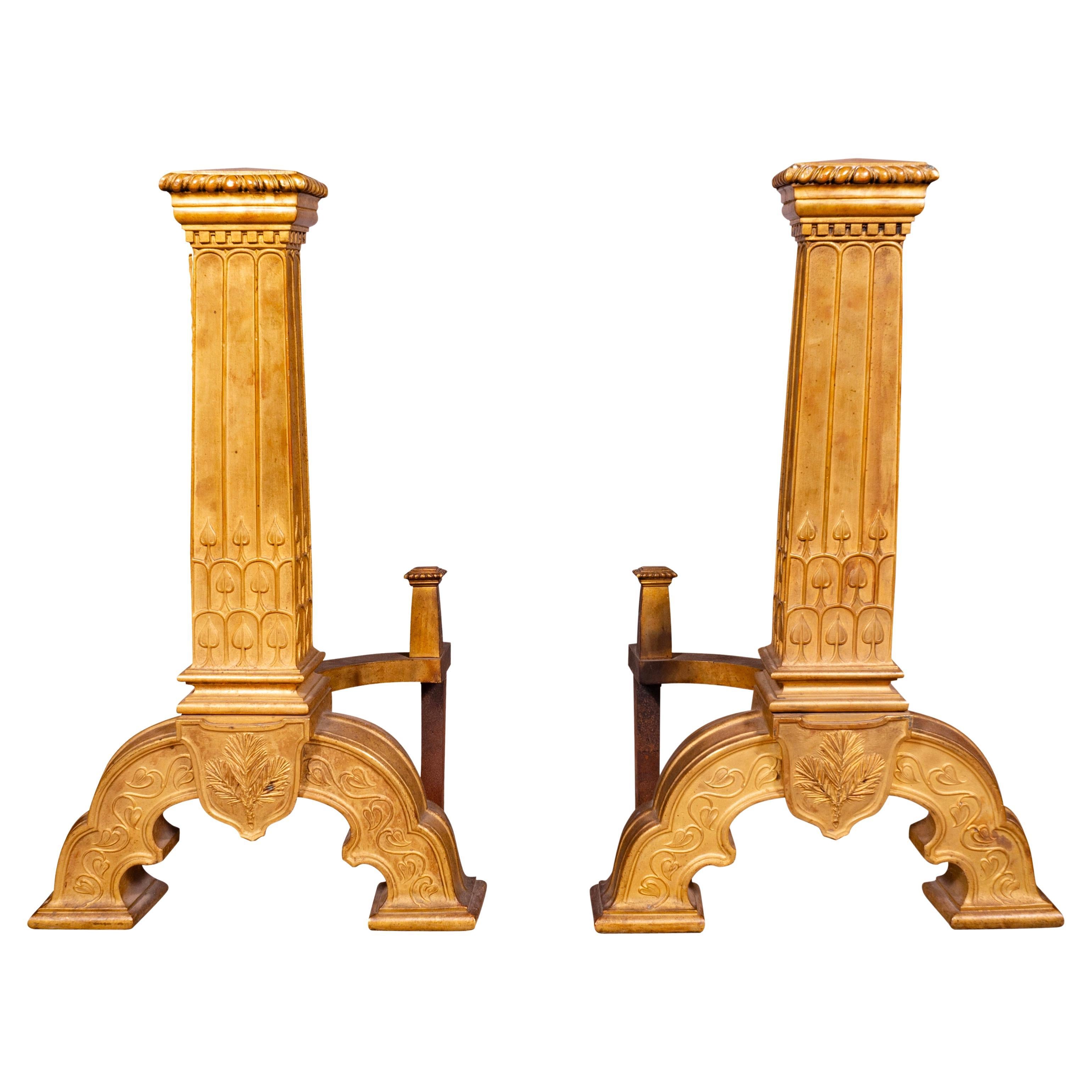 Pair Of Large And Impressive Arts and Crafts Gilt Bronze Andirons For Sale