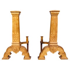 Pair Of Large And Impressive Arts and Crafts Gilt Bronze Andirons