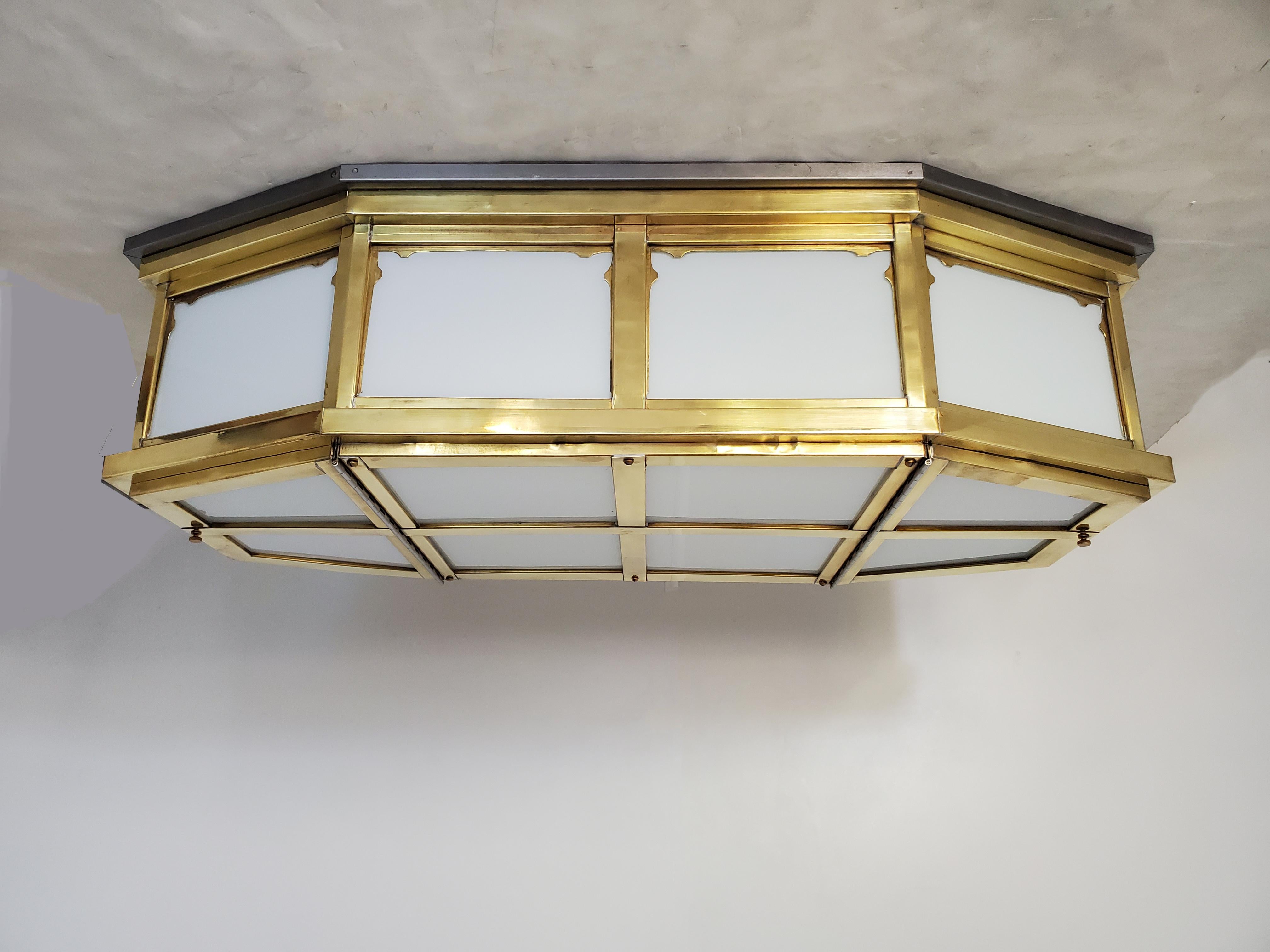 Pair of Large and Long Mid-Century Modern Brass and Glass Flush Mounted Fixtures For Sale 9