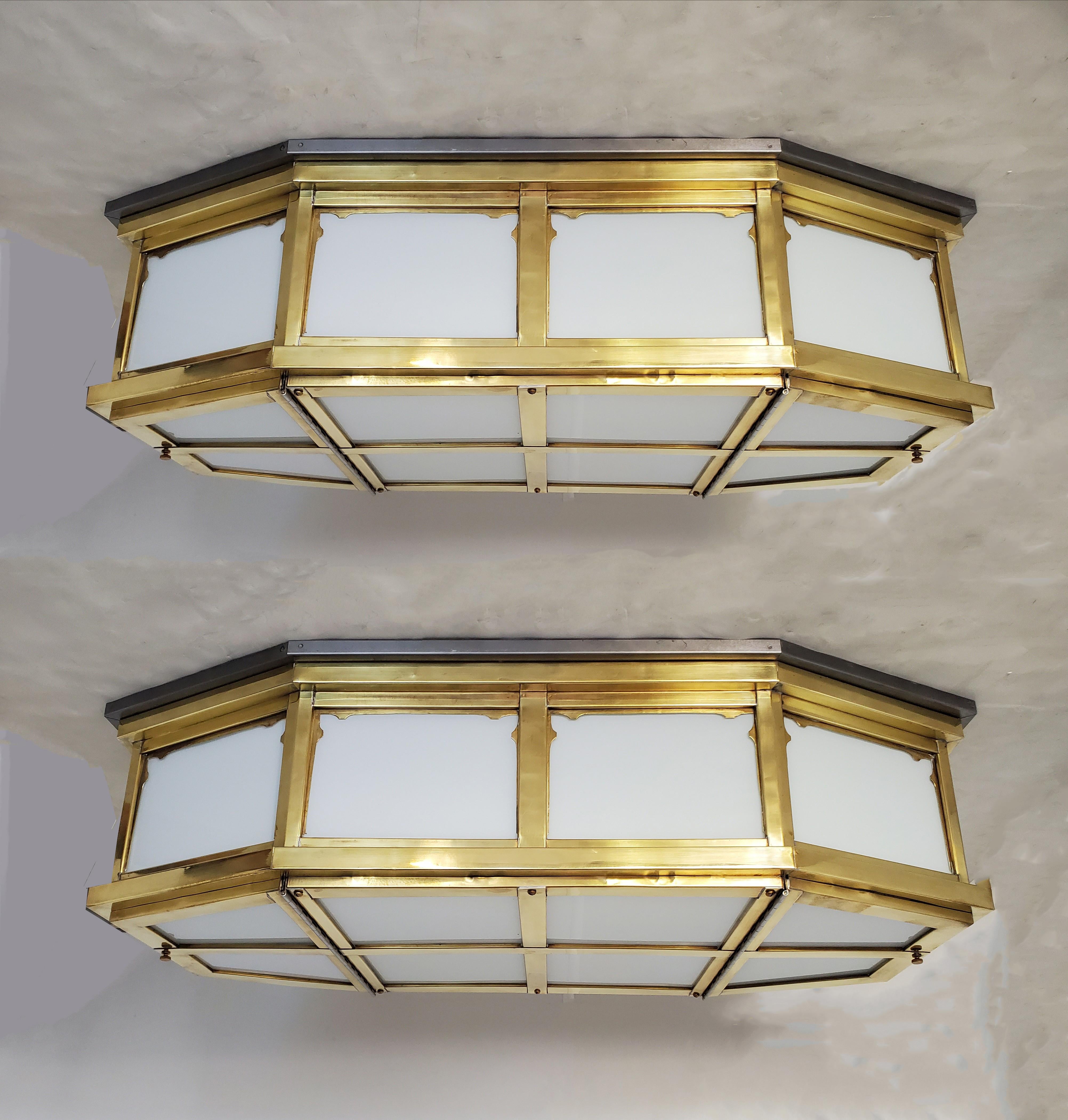 Pair of Large and Long Mid-Century Modern Brass and Glass Flush Mounted Fixtures For Sale 10