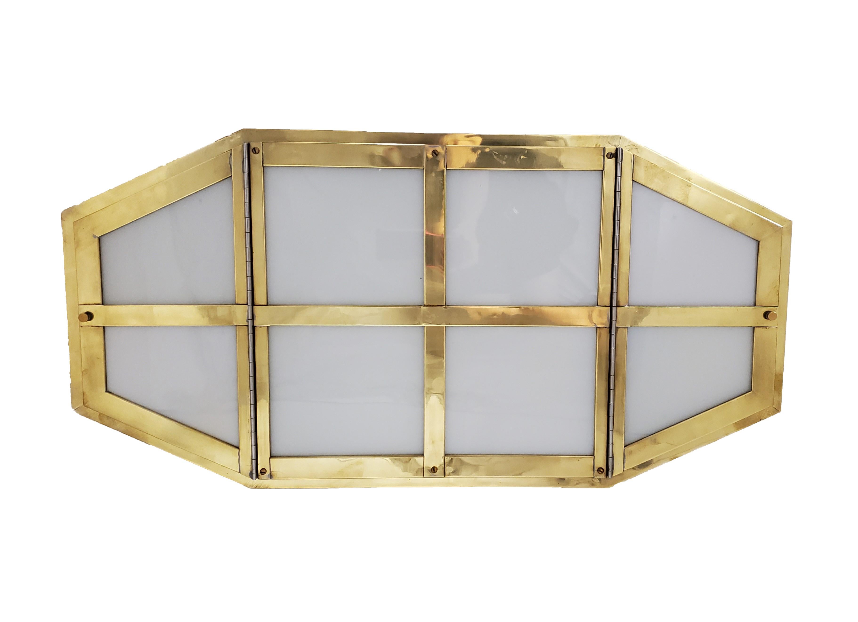 20th Century Pair of Large and Long Mid-Century Modern Brass and Glass Flush Mounted Fixtures For Sale