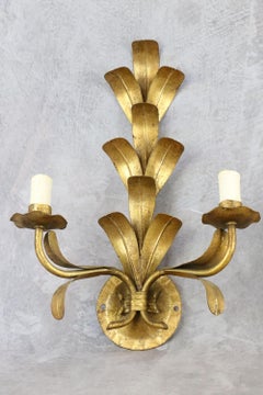 Pair of large and rare Florentine gilded wall lamps, Mid-century, Italy, 1960s
