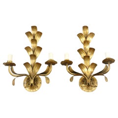 Pair of large and rare Florentine gilded wall lamps, Mid-century, Italy, 1960s