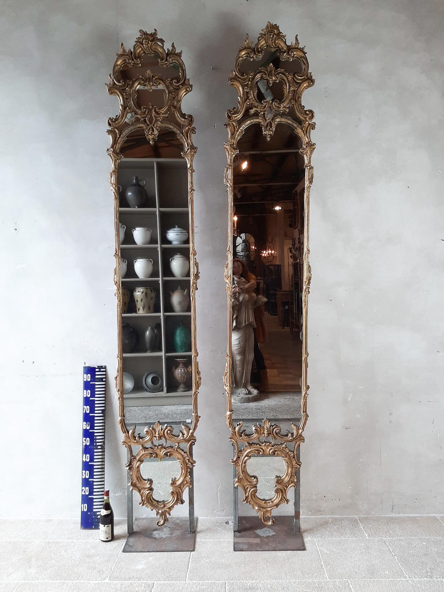 19th Century Pair of Large and Richly Ornamented Antique French Gilt Pier Mirrors