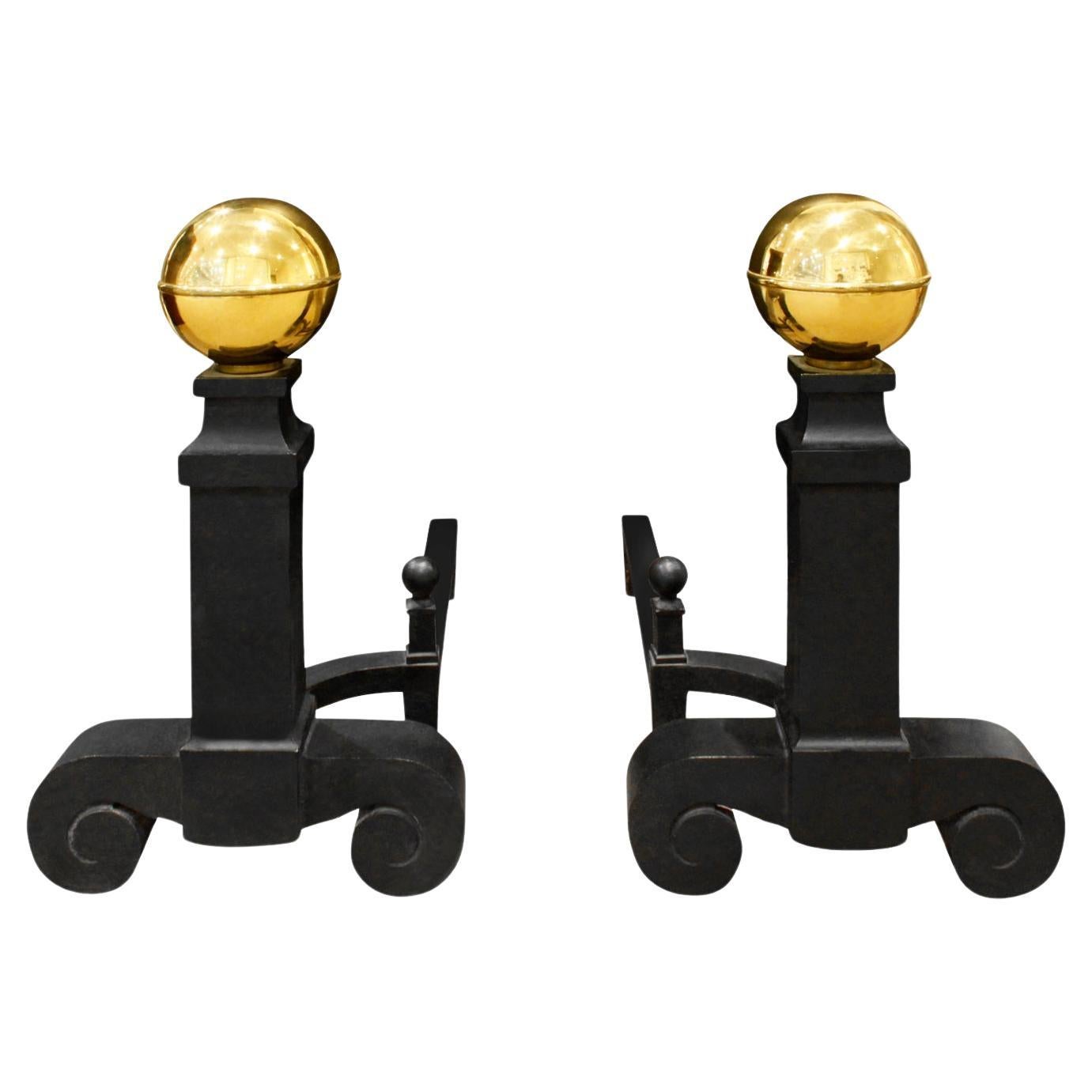 Pair Of Large Andirons In Wrought Iron with Brass Orbs 1970s For Sale