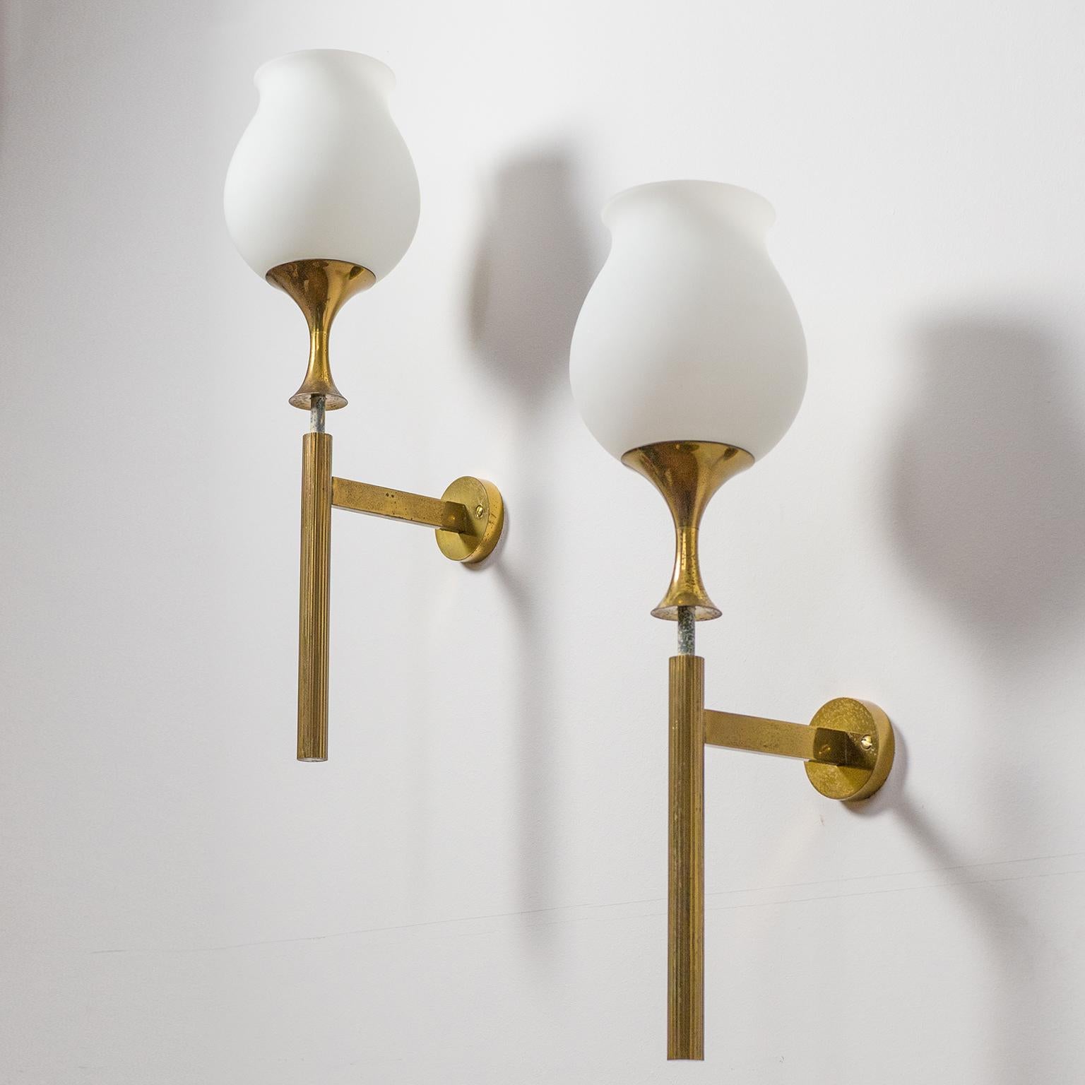 Rare pair of large modernist torch-style wall lights designed by Angelo Lelii for Arredoluce in 1956. All brass hardware with sensuous tulip-shaped blown satin glass diffusers. Nice original condition with some patina on the brass and the off-white
