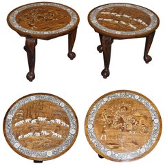 Pair of Large Anglo-Indian Hardwood Side Tables Depicting Elephants Rural Scene