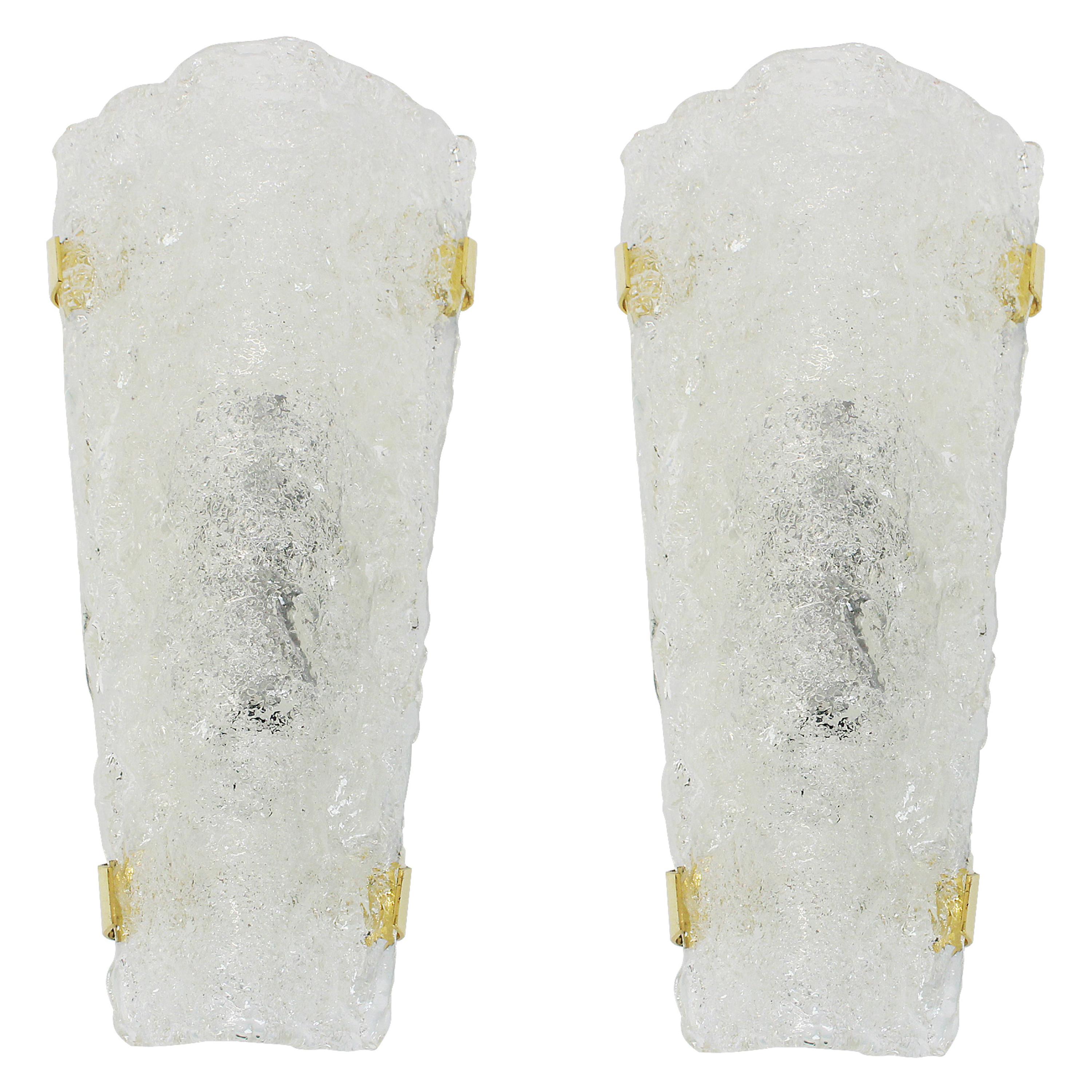 Pair of Large Angular Ice Glass Sconces by Hillebrand, Germany, 1960s For Sale
