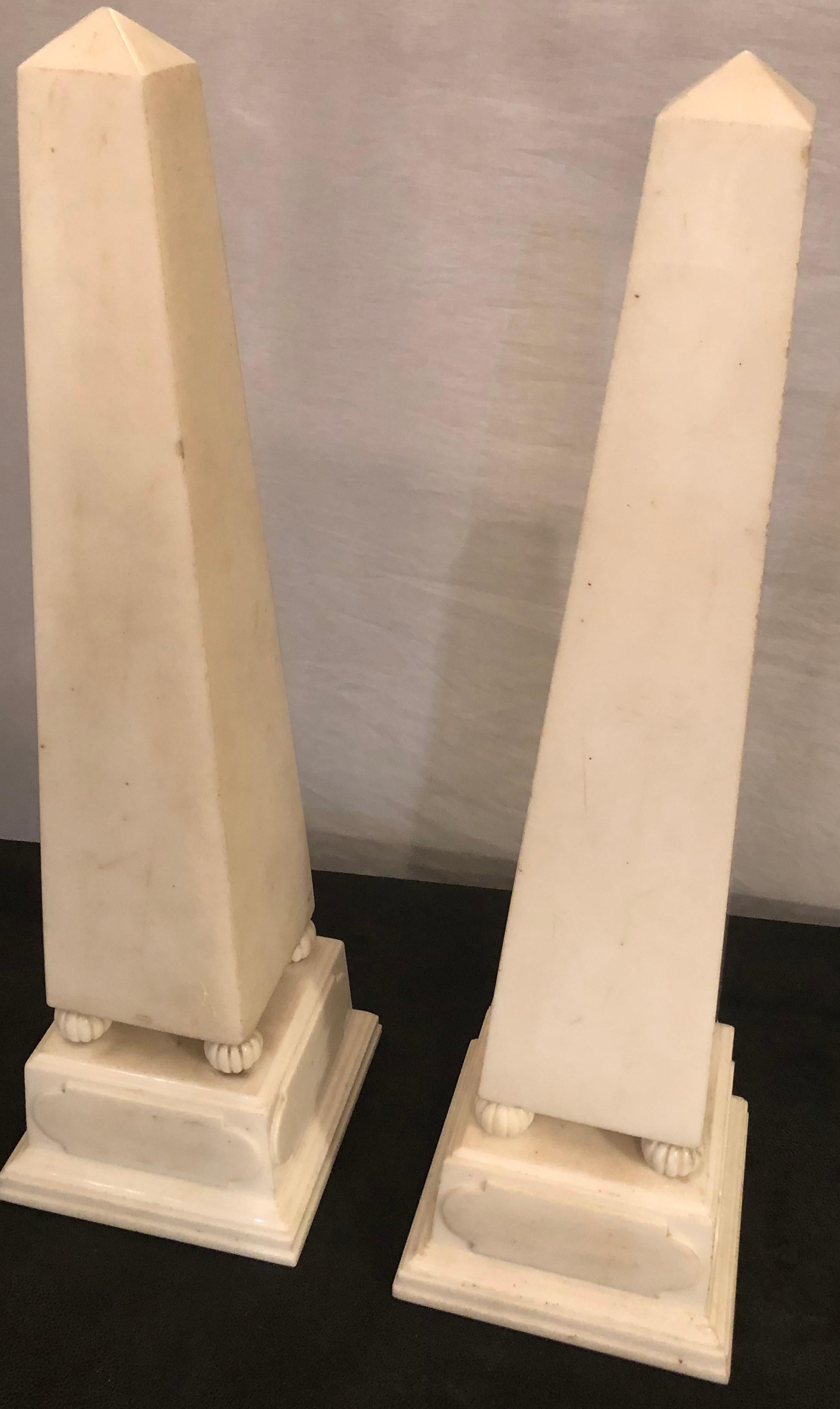 French Pair of Large Antique 19th-20th Century Solid Marble Obelisks on Pedestals For Sale