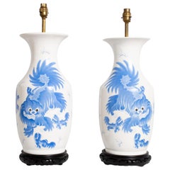 Pair of Large Antique 19th Century Blue and White Dragon Chinese Vase Lamps
