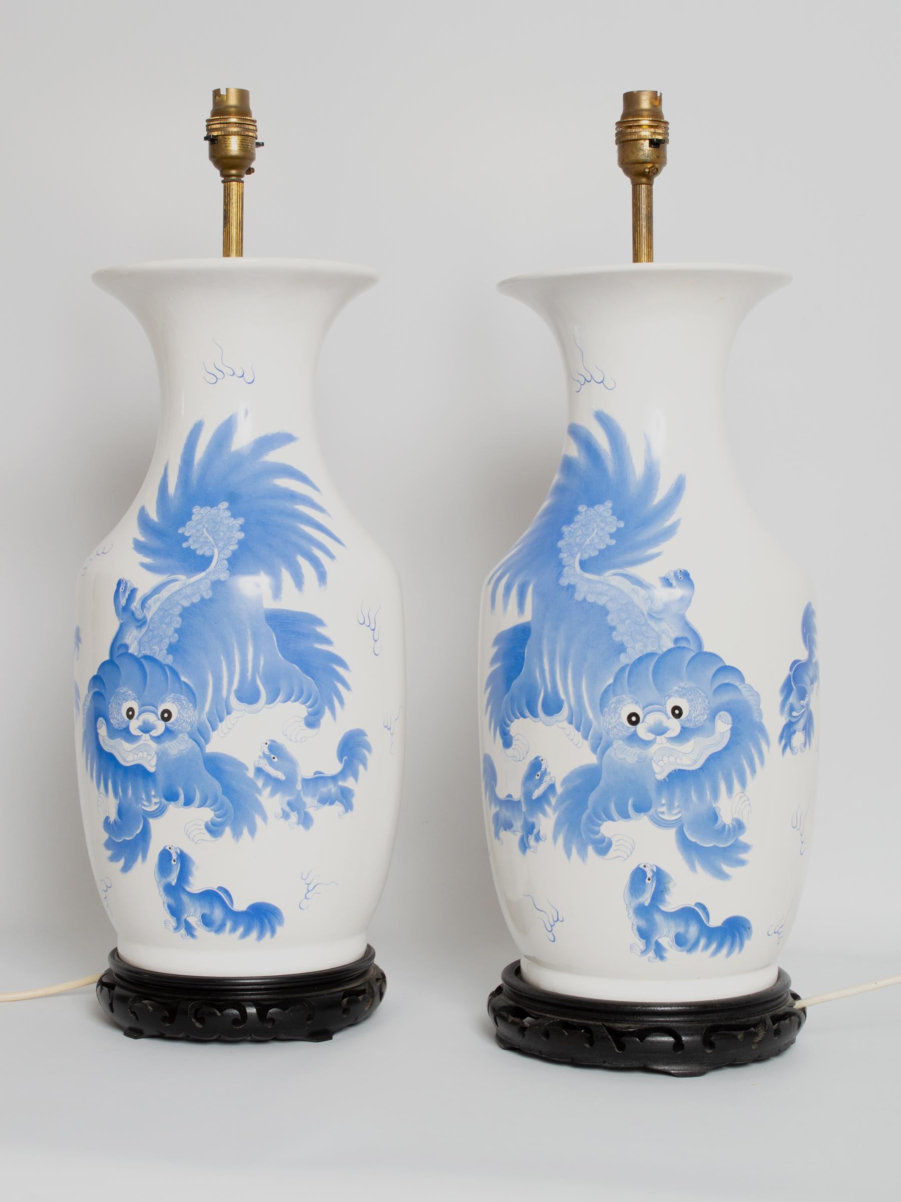 Pair of Large Antique 19th Century Blue and White Dragon Chinese Vase Lamps 5