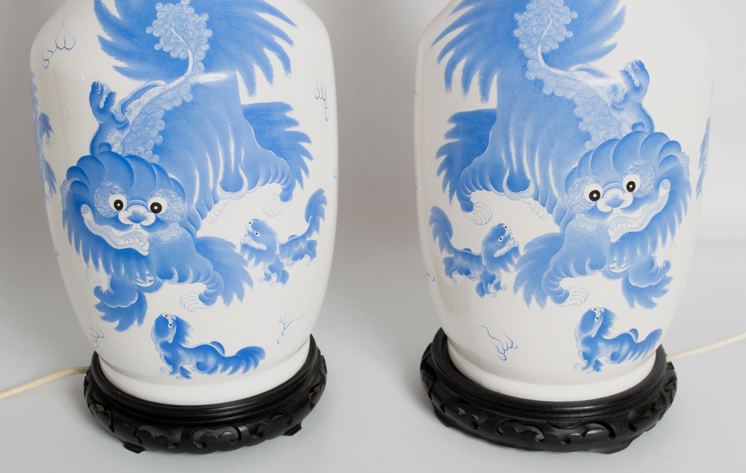 Pair of Large Antique 19th Century Blue and White Dragon Chinese Vase Lamps 6