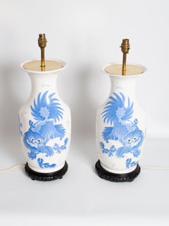 Pair of Large Antique 19th Century Blue and White Dragon Chinese Vase Lamps