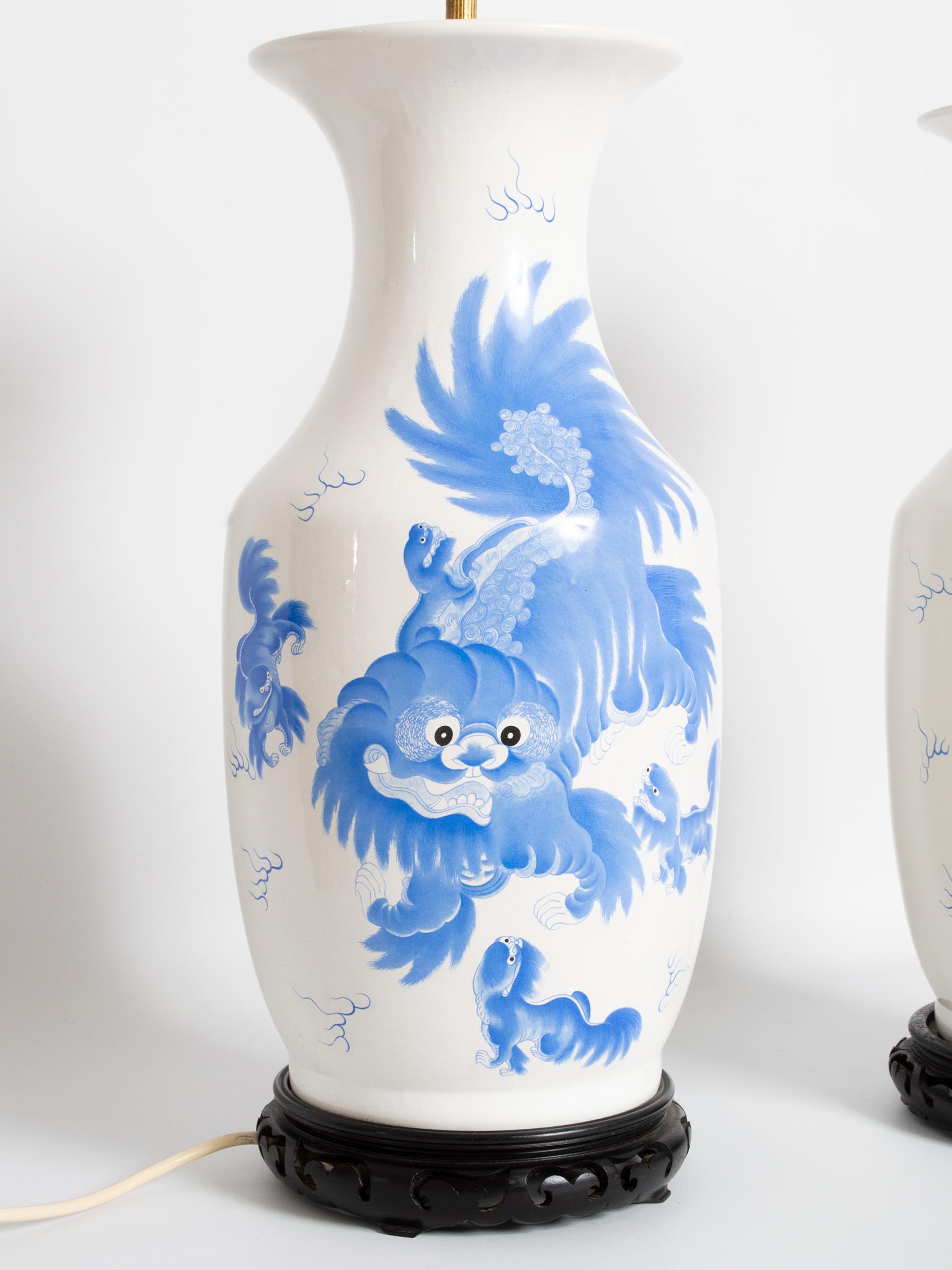 Hand-Painted Pair of Large Antique 19th Century Blue and White Dragon Chinese Vase Lamps