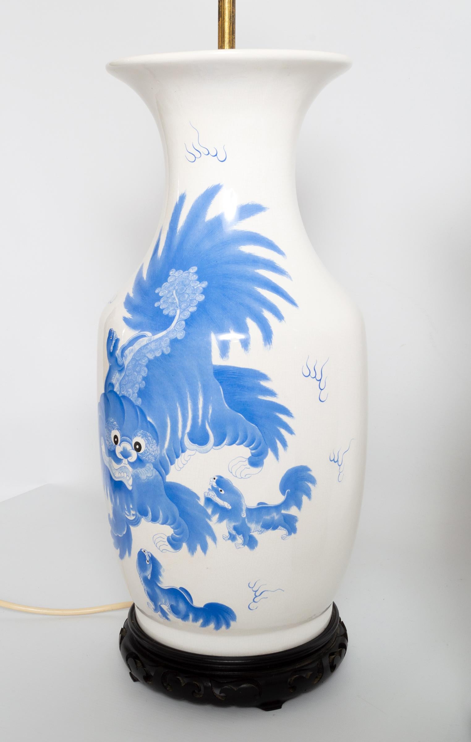Pair of Large Antique 19th Century Blue and White Dragon Chinese Vase Lamps In Good Condition In London, GB