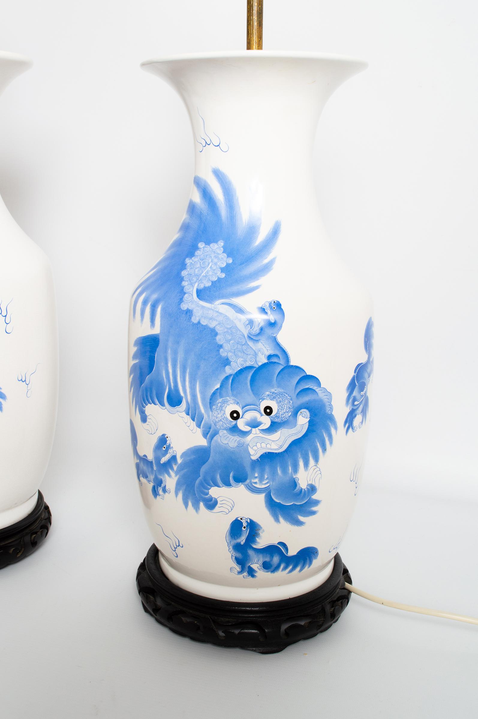 Porcelain Pair of Large Antique 19th Century Blue and White Dragon Chinese Vase Lamps