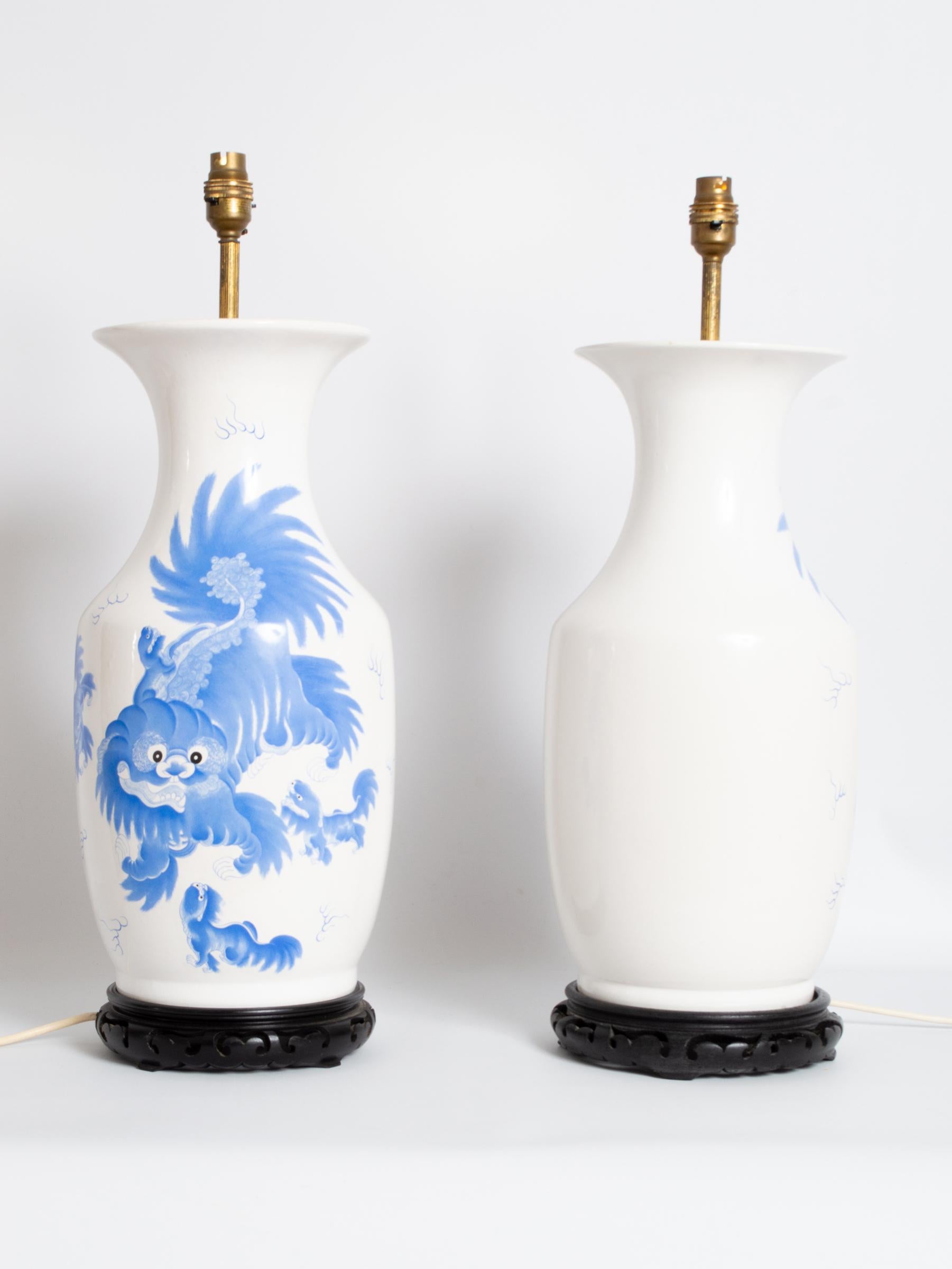 Pair of Large Antique 19th Century Blue and White Dragon Chinese Vase Lamps 1