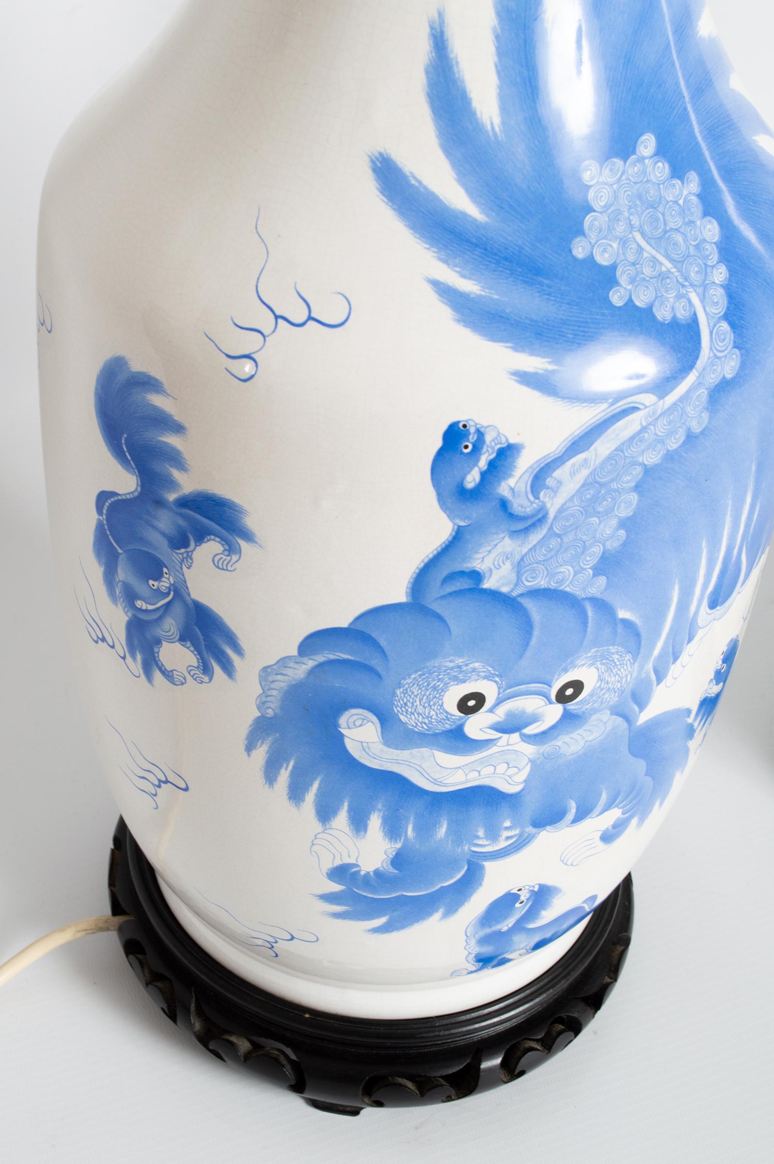 Pair of Large Antique 19th Century Blue and White Dragon Chinese Vase Lamps 2