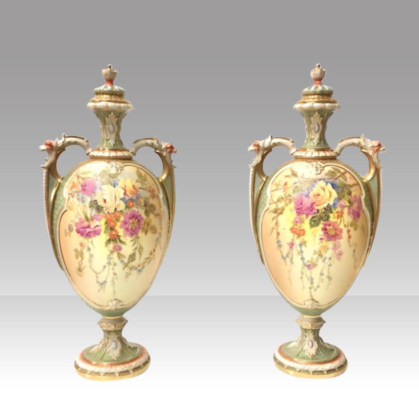 Magnificent pair of large antique hand painted blush ivory and turquoise Royal Worcester vases & covers, exquisitely gilded & decorated with flowers.
Each signed W Hale
Dated 1909
Measures: height 37 cm x 16 cm x 13 cm deep.
 