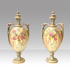 Pair of Large Antique Blush & Turquoise Royal Worcester Vases & Covers by W Hale