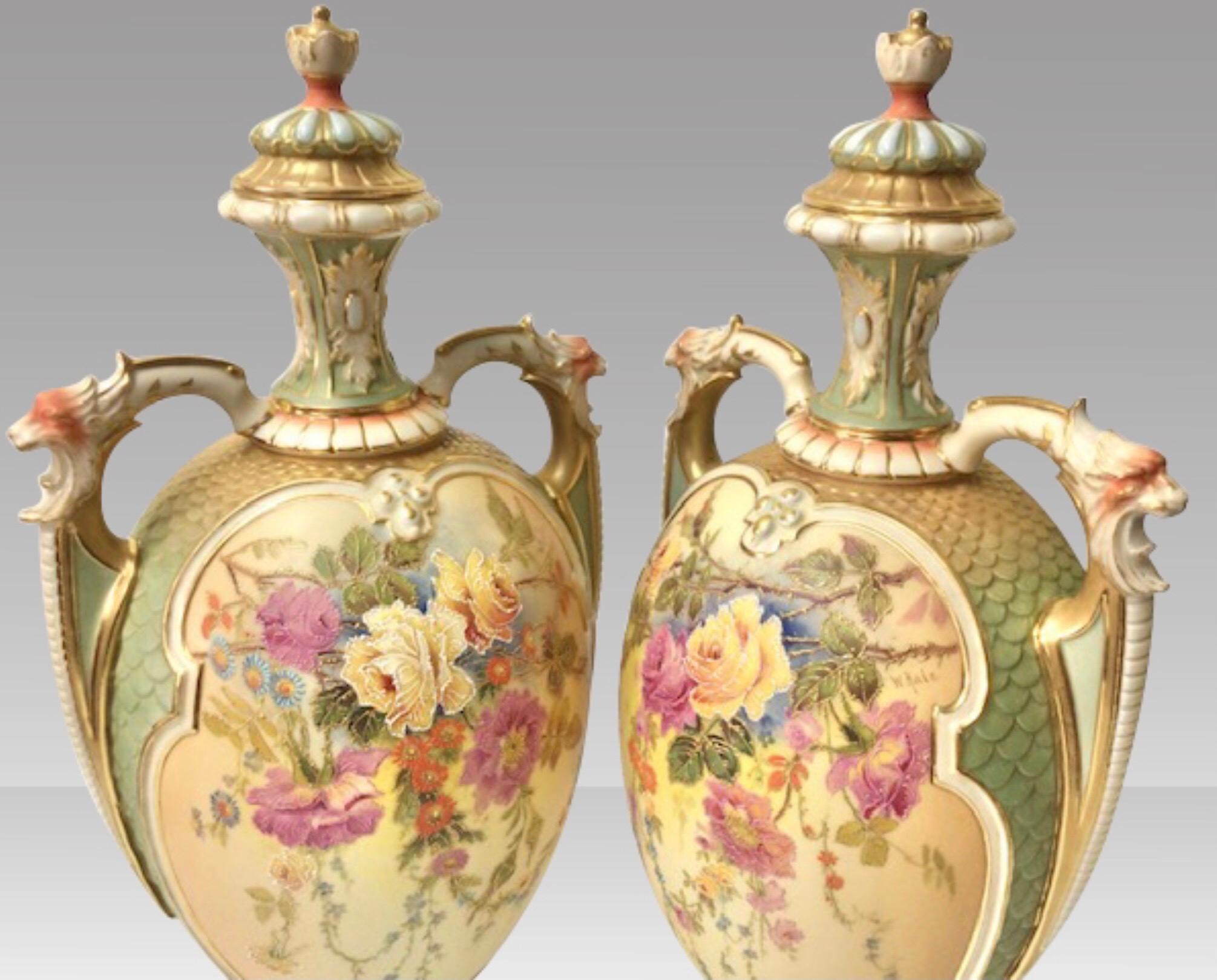 Rococo Pair of Large Antique Blush & Turquoise Royal Worcester Vases & Covers by W Hale For Sale