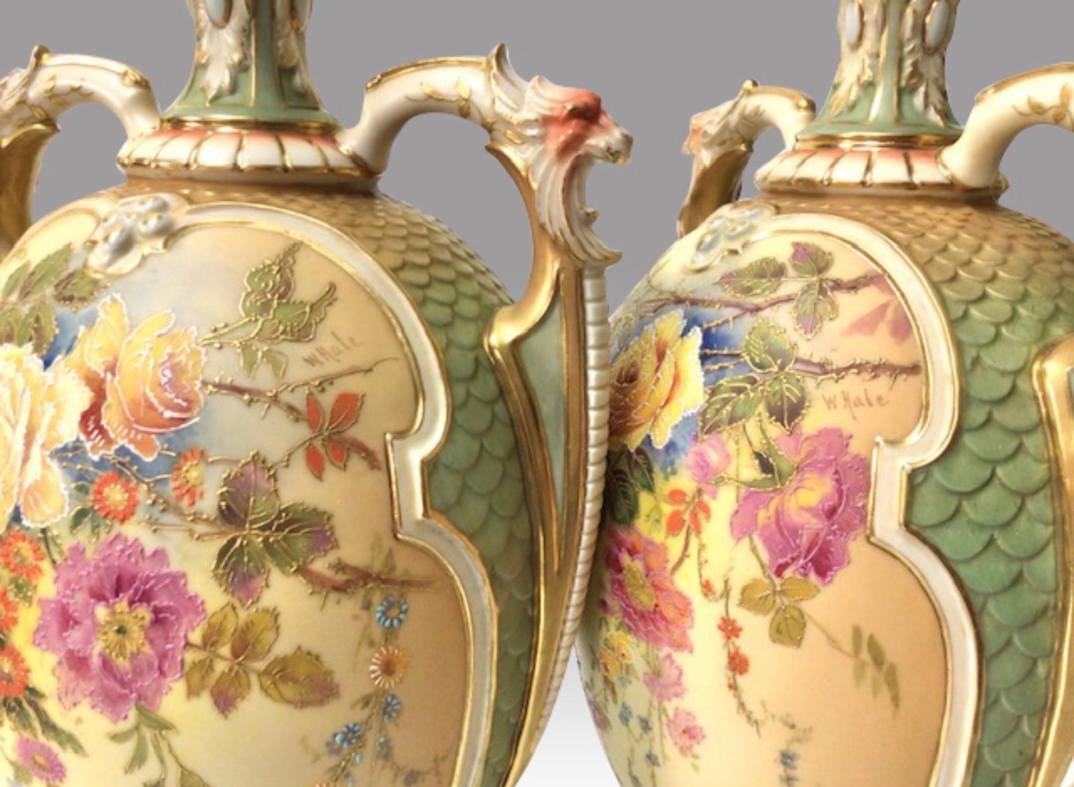 English Pair of Large Antique Blush & Turquoise Royal Worcester Vases & Covers by W Hale For Sale