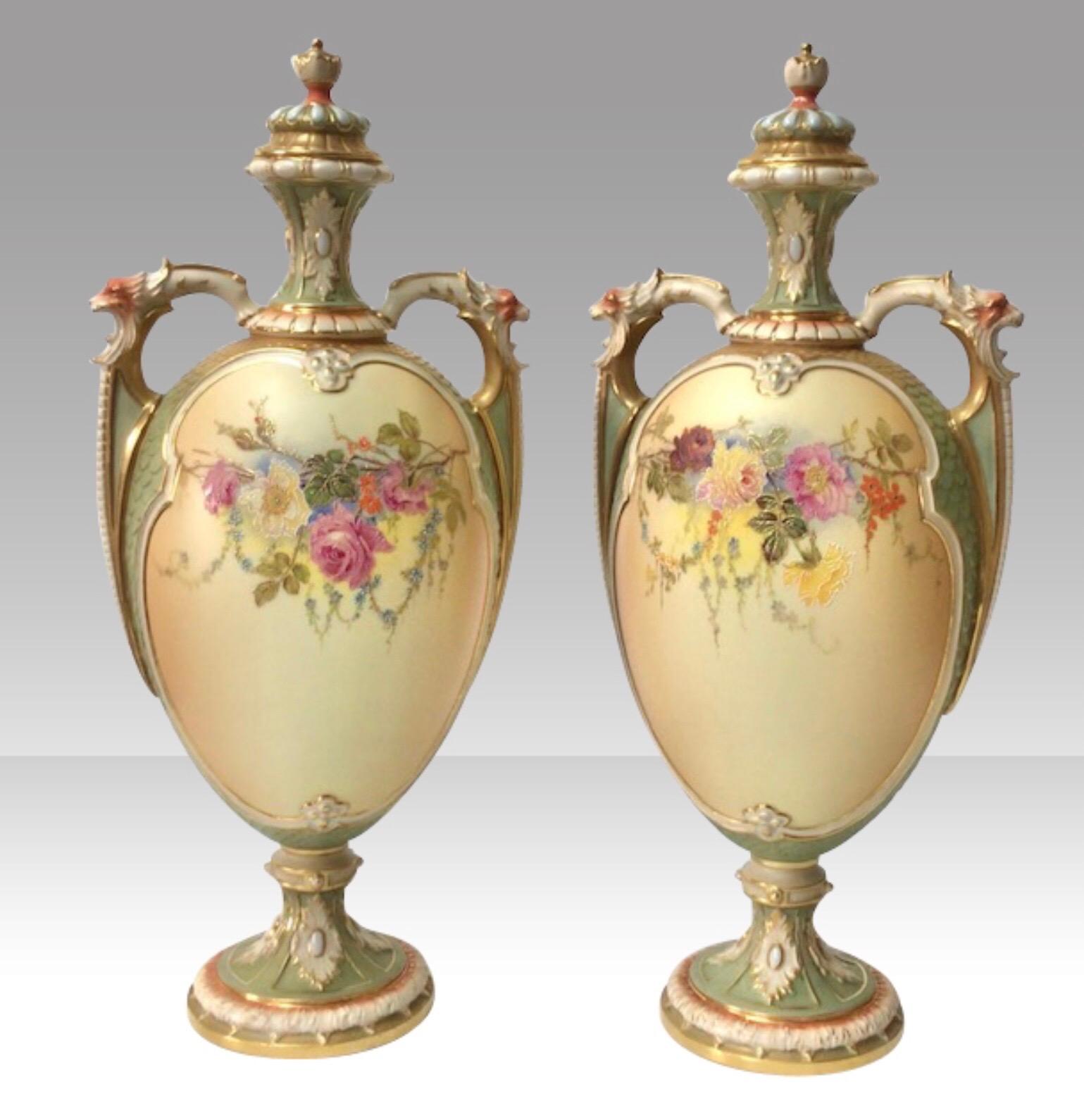20th Century Pair of Large Antique Blush & Turquoise Royal Worcester Vases & Covers by W Hale For Sale