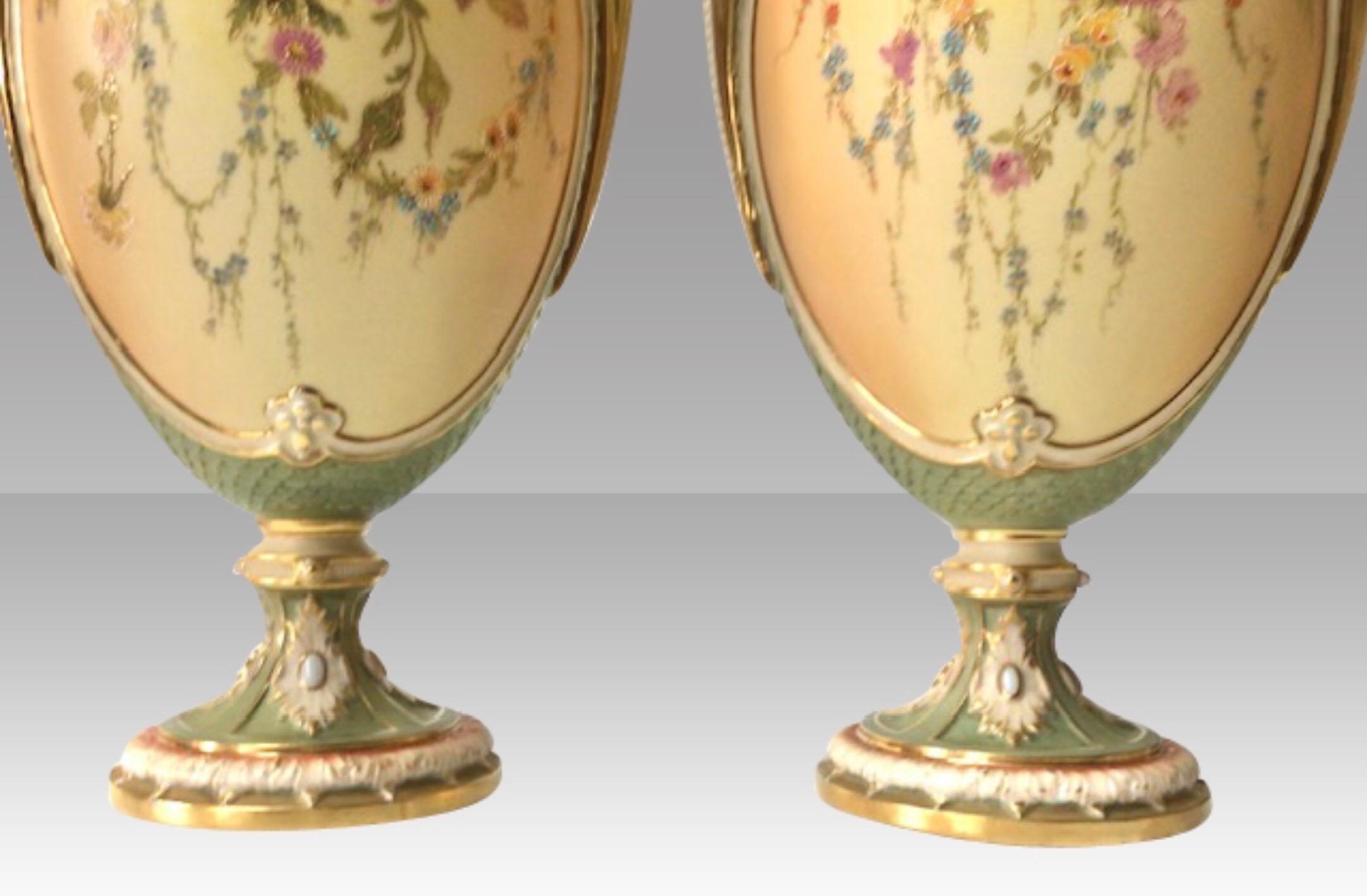 Ceramic Pair of Large Antique Blush & Turquoise Royal Worcester Vases & Covers by W Hale For Sale