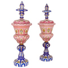 Pair of large blue and pink Bohemian glass vases