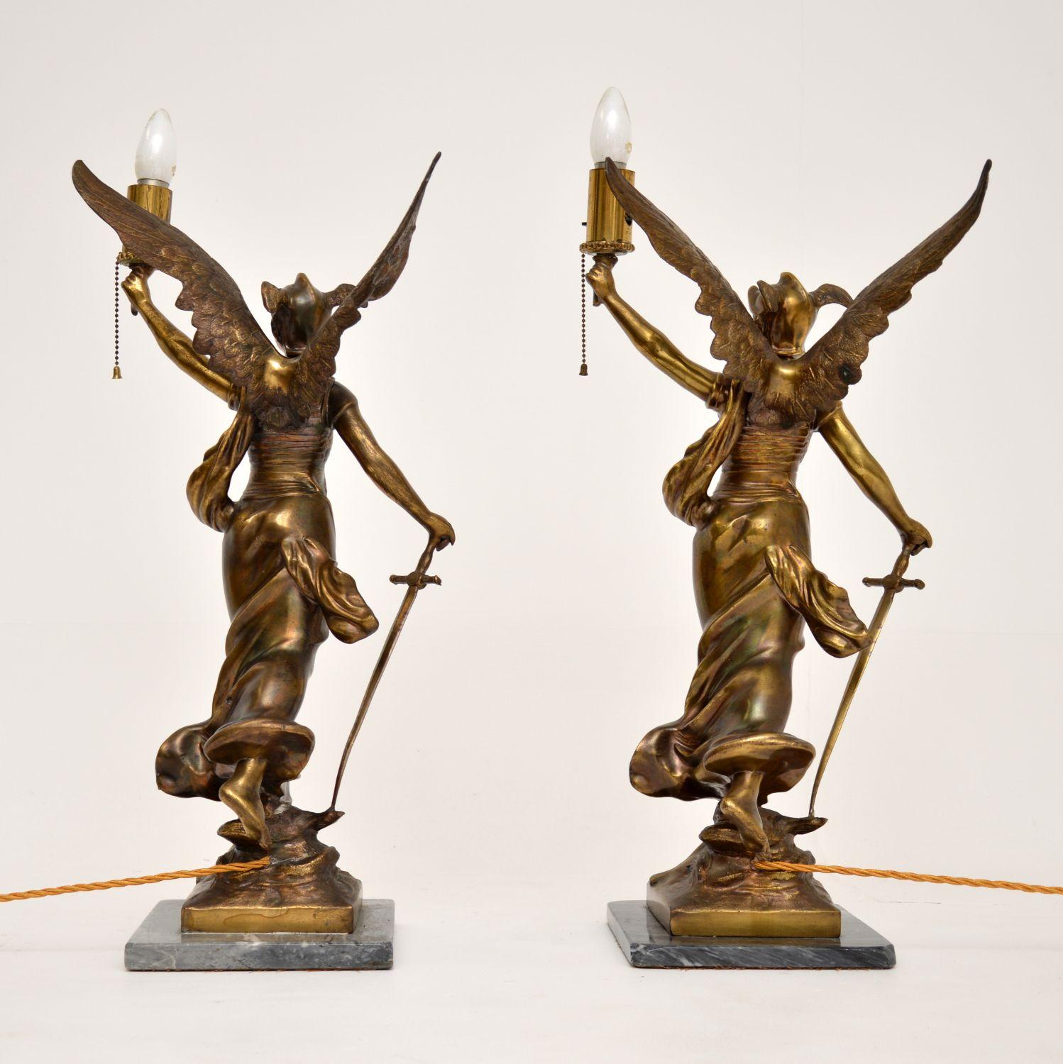 Pair of Large Antique Brass & Marble Table Lamps Depicting Greek Goddess Athena 2