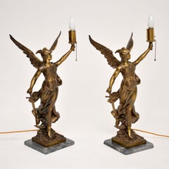Pair of Large Antique Brass & Marble Table Lamps Depicting Greek Goddess Athena