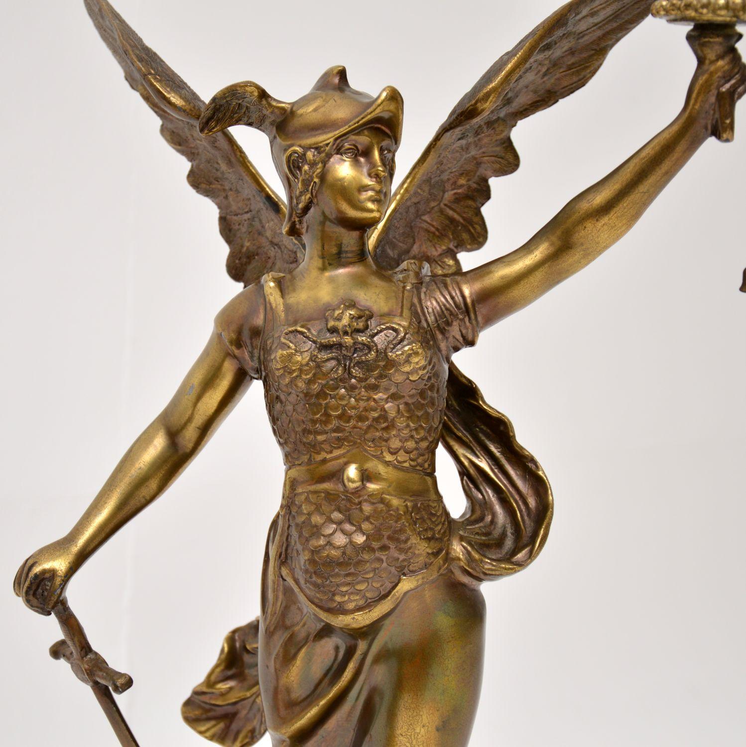 Pair of Large Antique Brass & Marble Table Lamps Depicting Greek Goddess Athena In Good Condition In London, GB