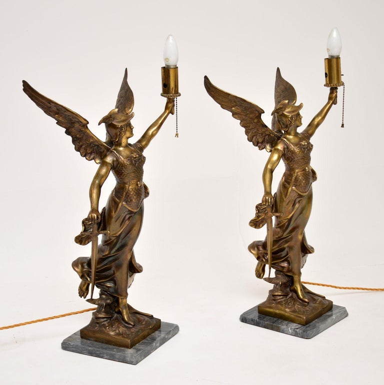 Pair of Large Antique Brass and Marble Table Lamps Depicting Greek