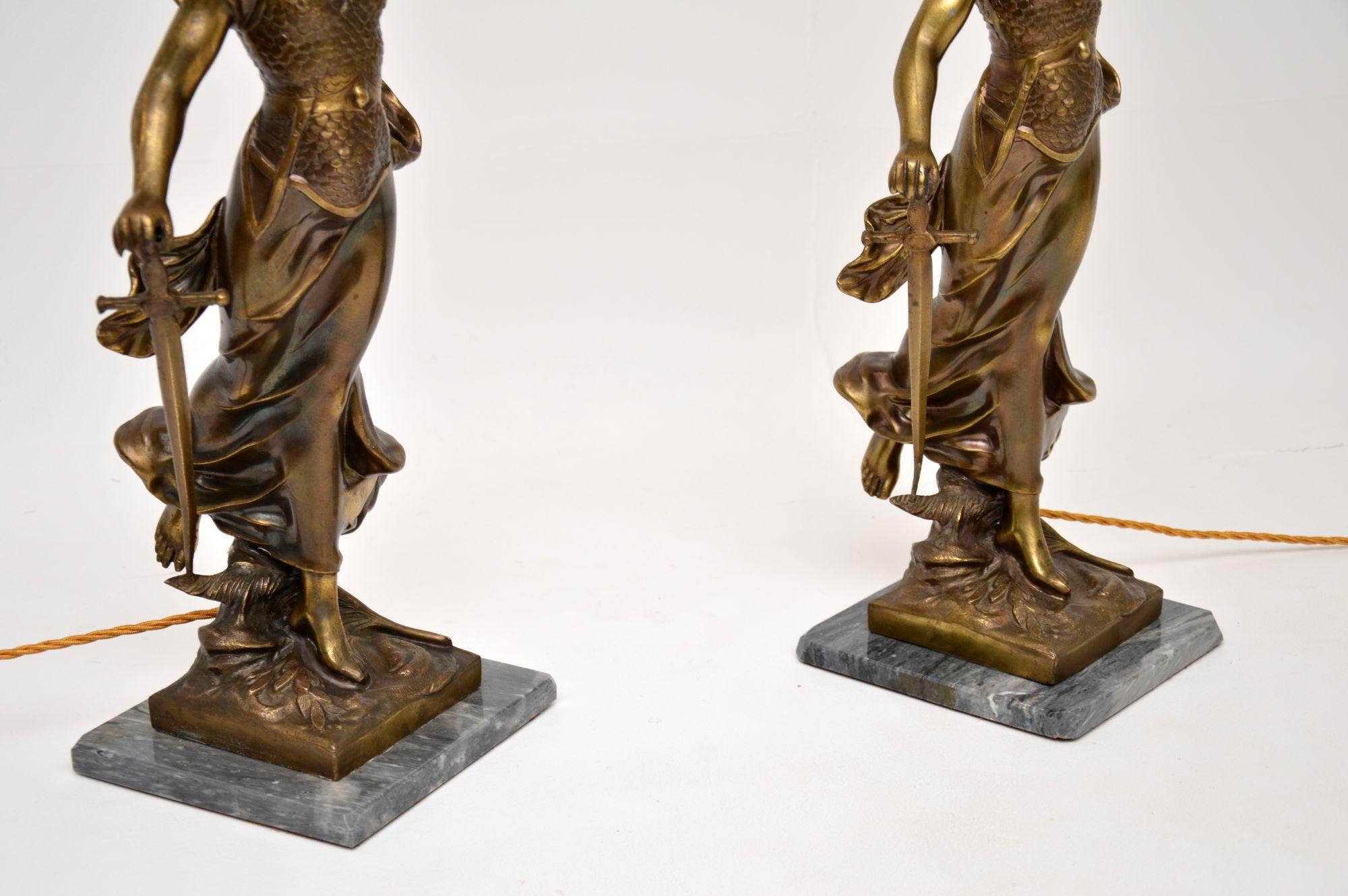 Pair of Large Antique Brass & Marble Table Lamps Depicting Greek Goddess Athena 1