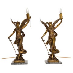 Pair of Large Antique Brass & Marble Table Lamps Depicting Greek Goddess Athena