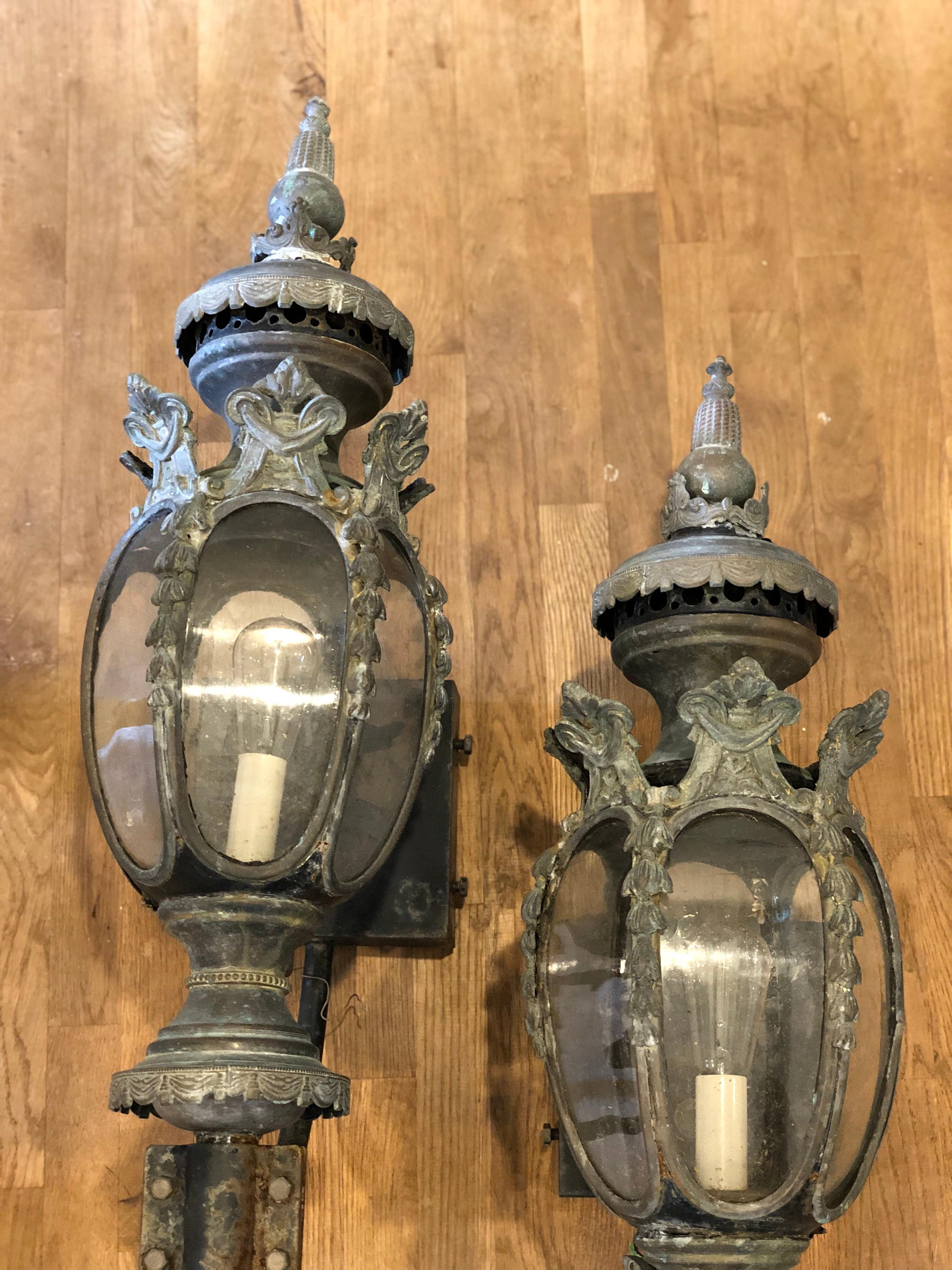 English Pair of Large Antique Bronze and Iron Lanterns For Sale