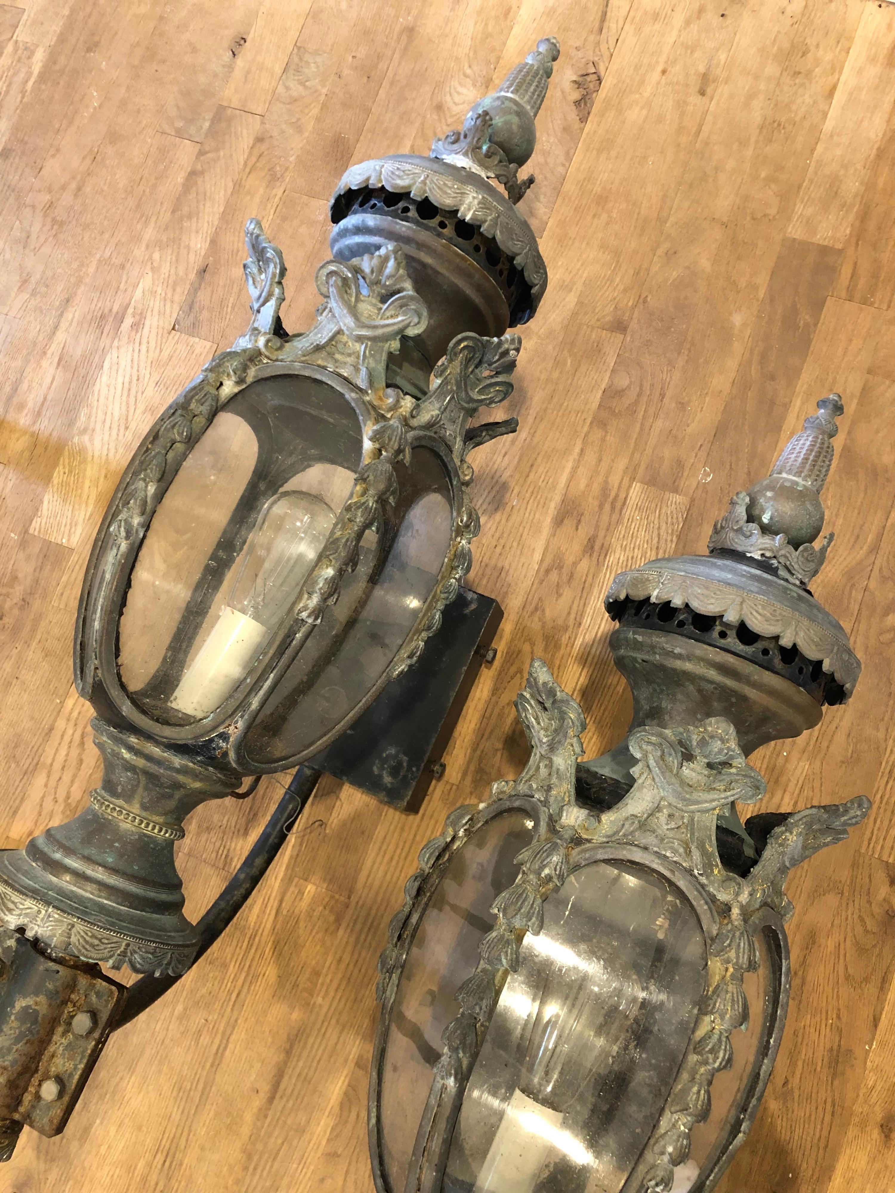 Pair of Large Antique Bronze and Iron Lanterns In Fair Condition For Sale In Los Angeles, CA