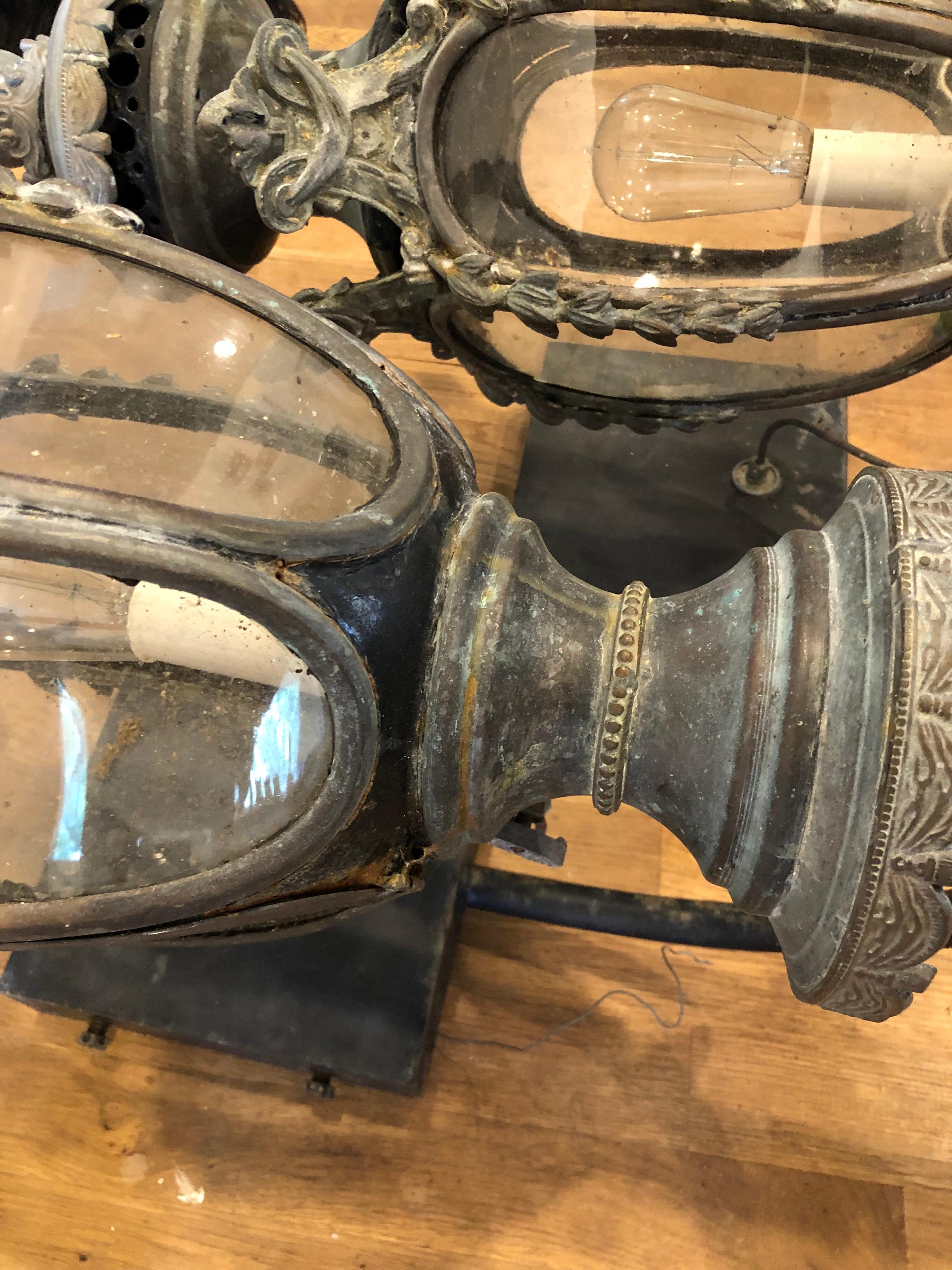 Pair of Large Antique Bronze and Iron Lanterns For Sale 2