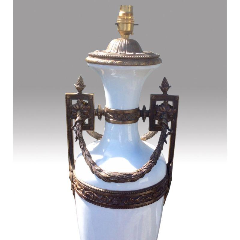 Art Deco Pair of Large Antique Bronze and White Glass Table Lamps For Sale