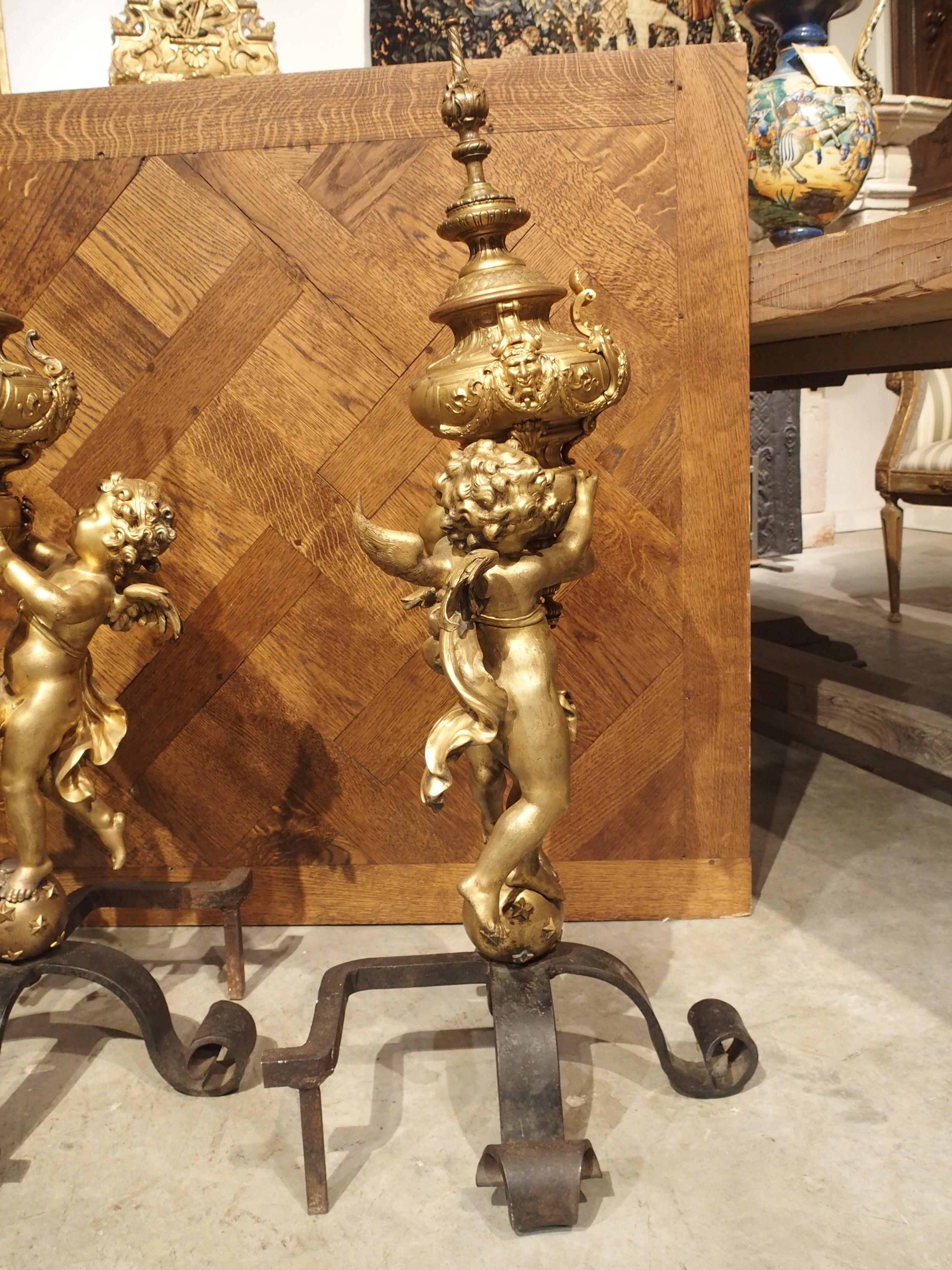 Pair of Large Antique Bronze Doré Andirons from France, circa 1860 5