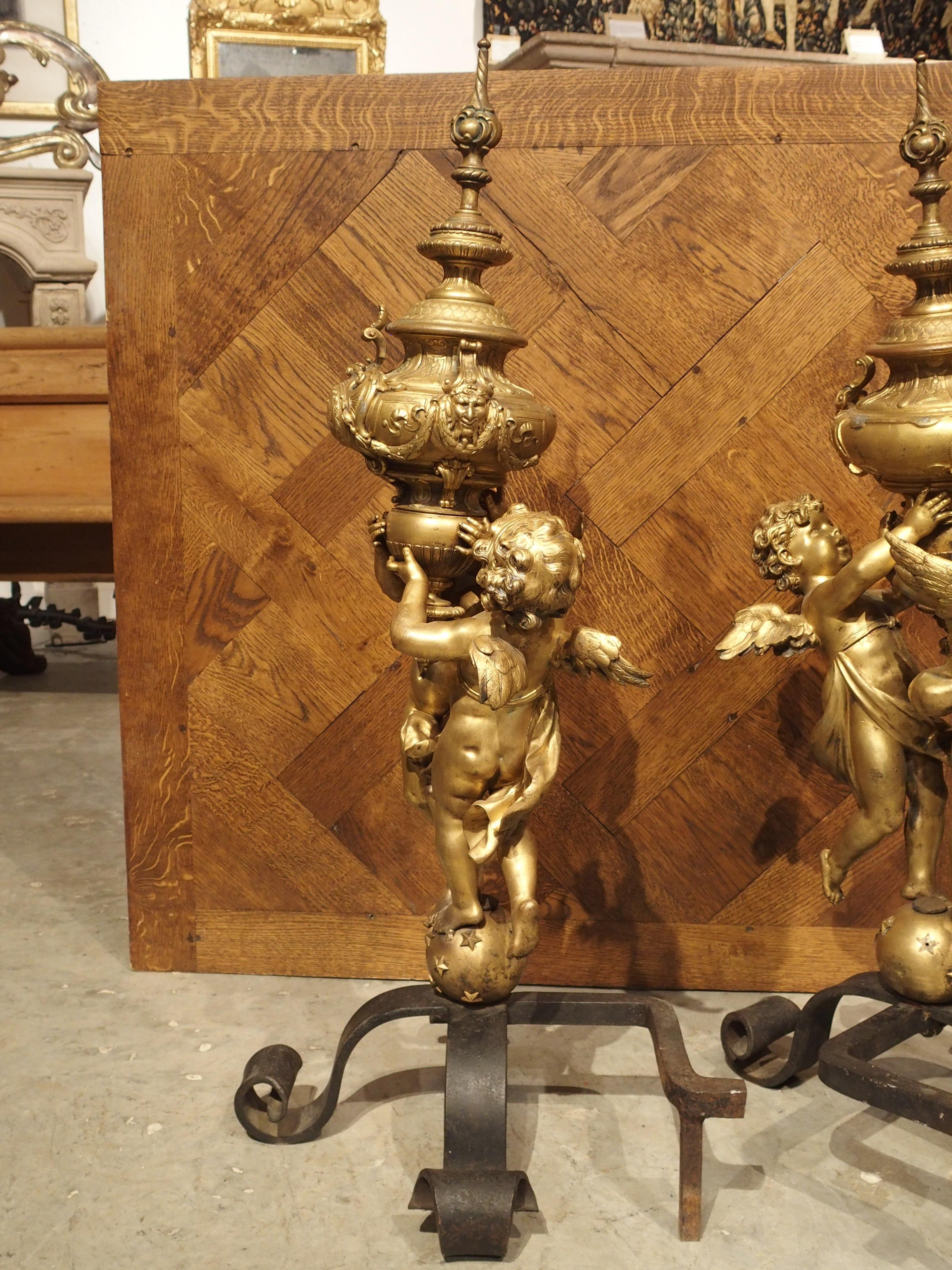 Pair of Large Antique Bronze Doré Andirons from France, circa 1860 6